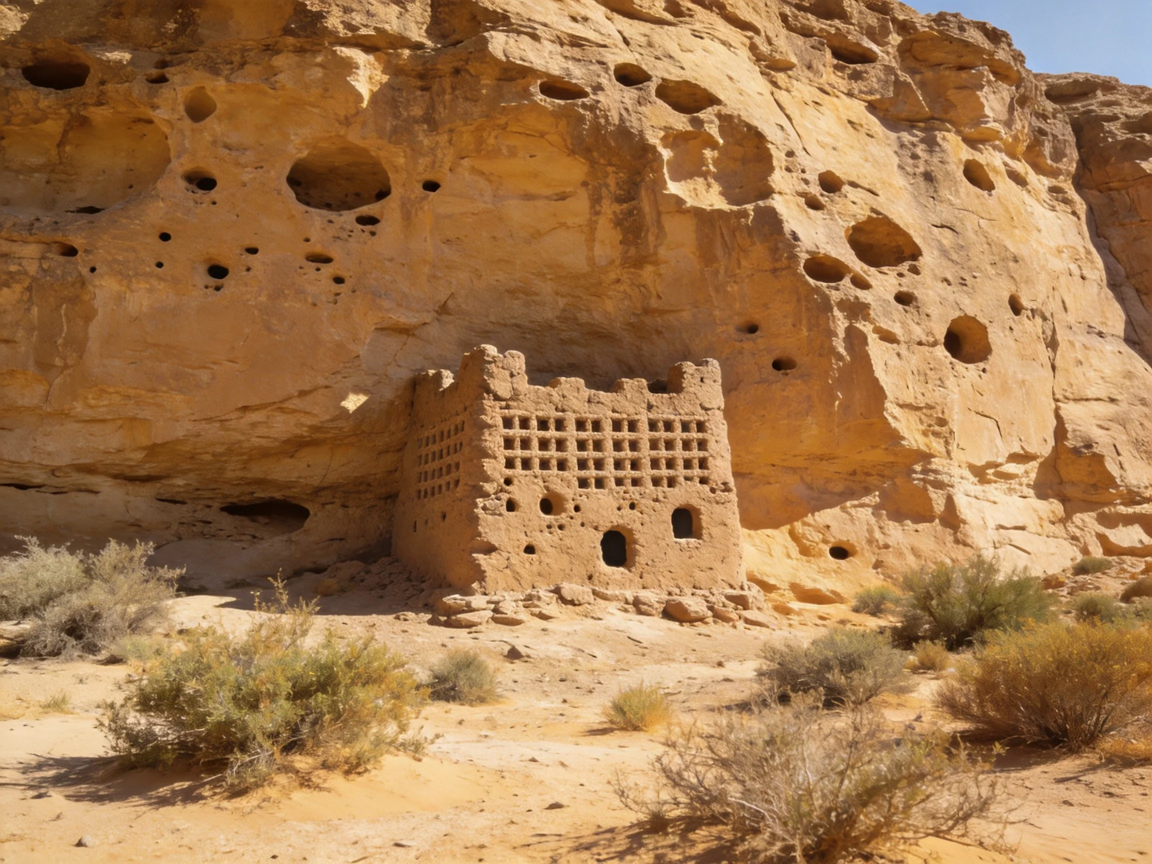 Ancient adobe structure nestled against a sandy rocky cliff