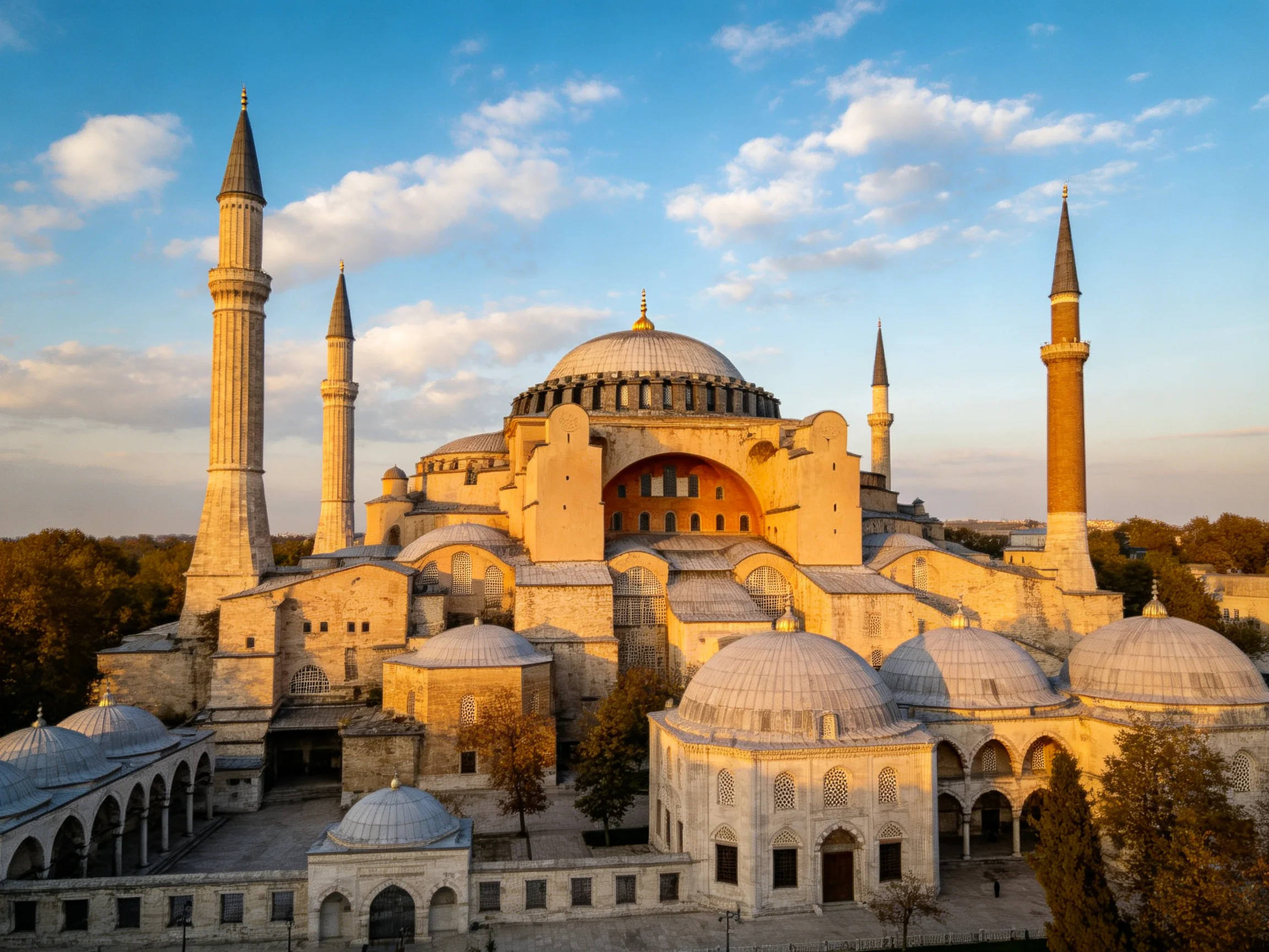 Ancient architectural complex with domes and minarets under golden sunlight