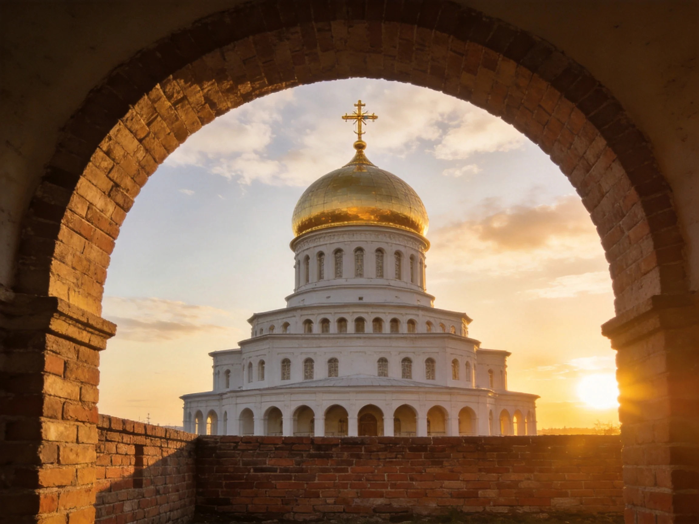 Ancient brick arch frames golden-domed white church at sunset