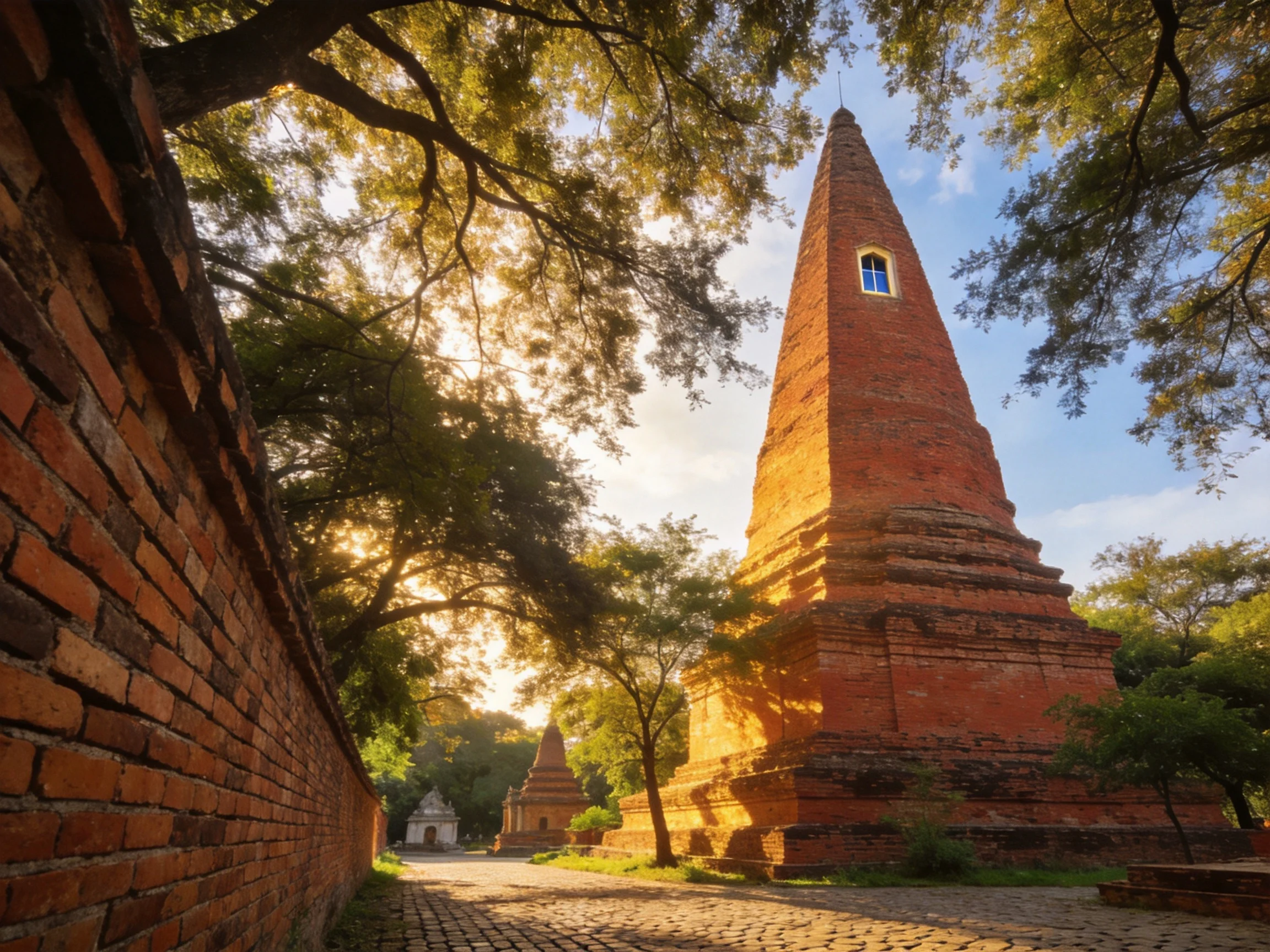 Ancient brick pagodas bathed in golden sunlight among lush trees