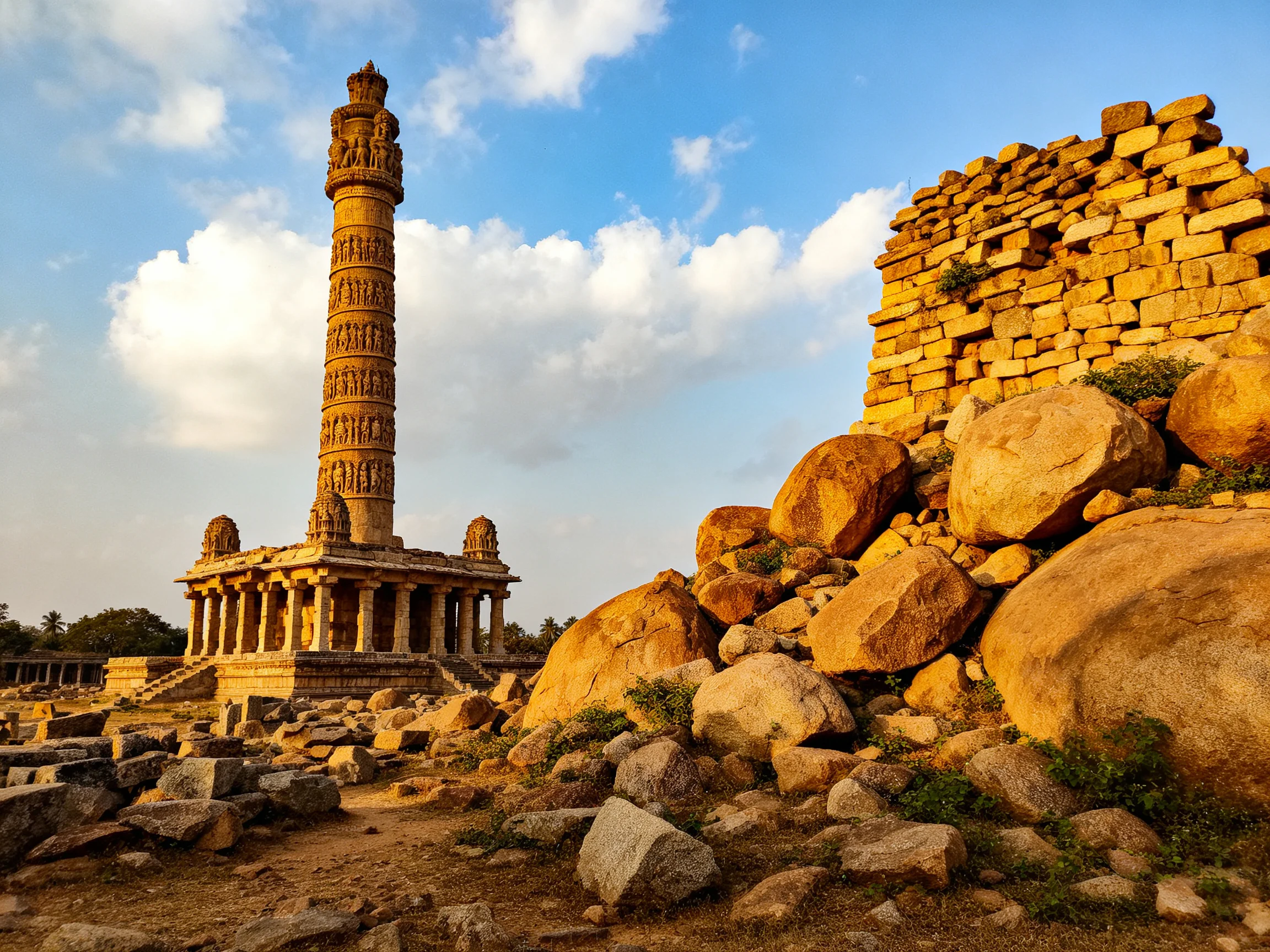 Ancient carved stone tower near weathered stone ruins under blue sky