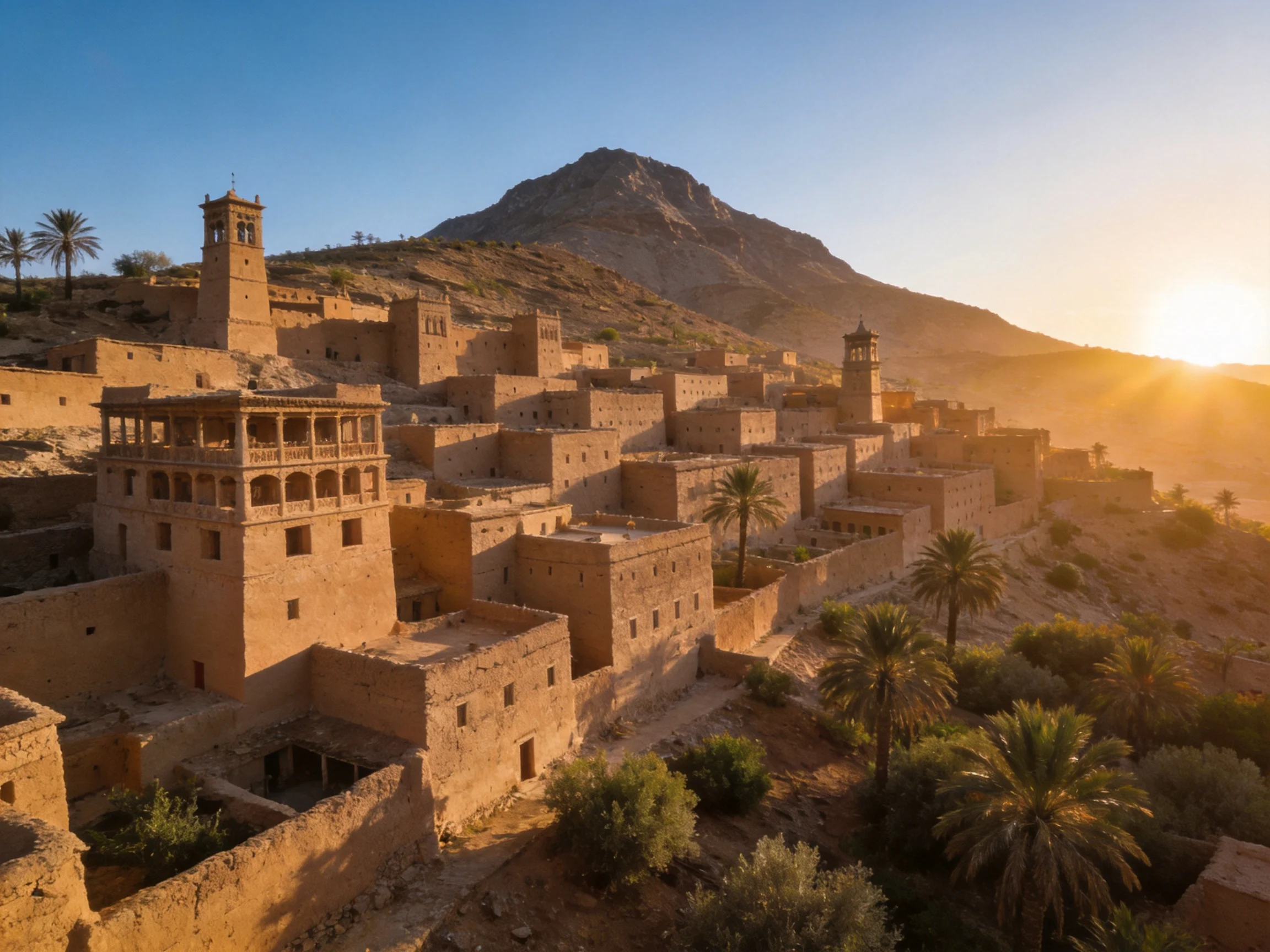 Ancient clay village nestled against a rugged mountain at sunset