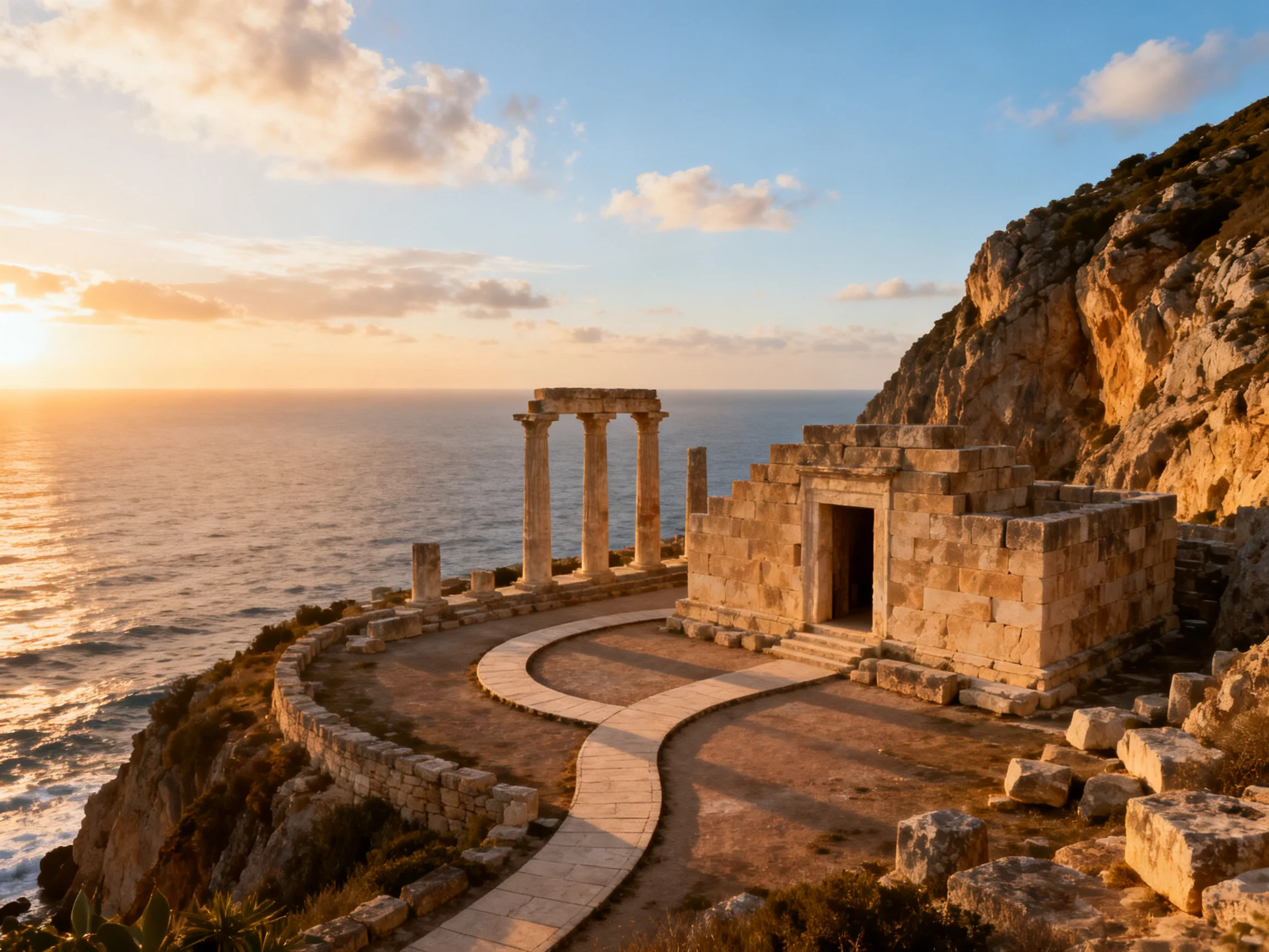 Ancient coastal temple ruins illuminated by golden sunset