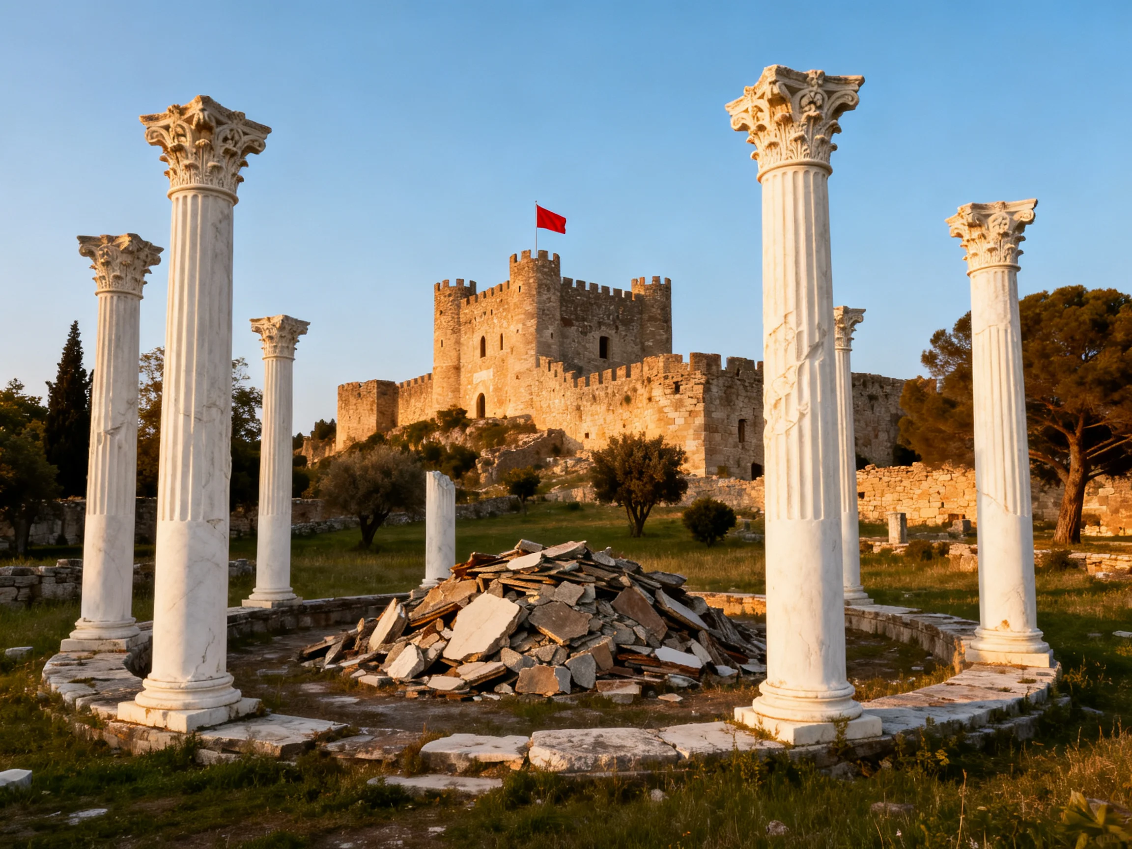 Ancient columns surround stone ruins near a medieval castle with red flag