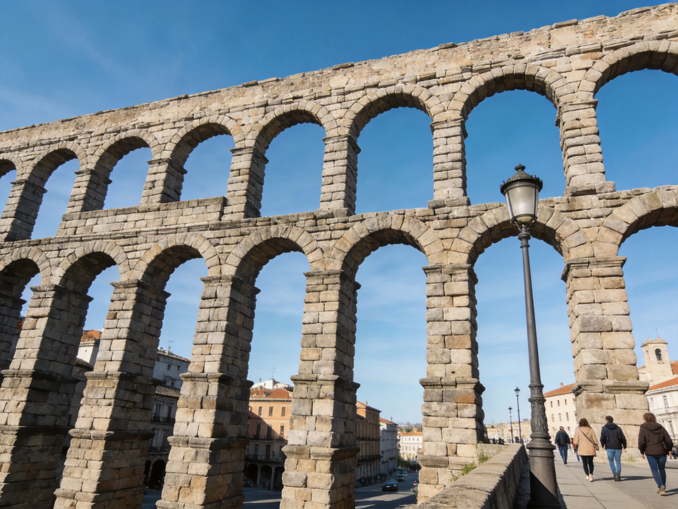 Ancient double-arched stone aqueduct under clear blue sky