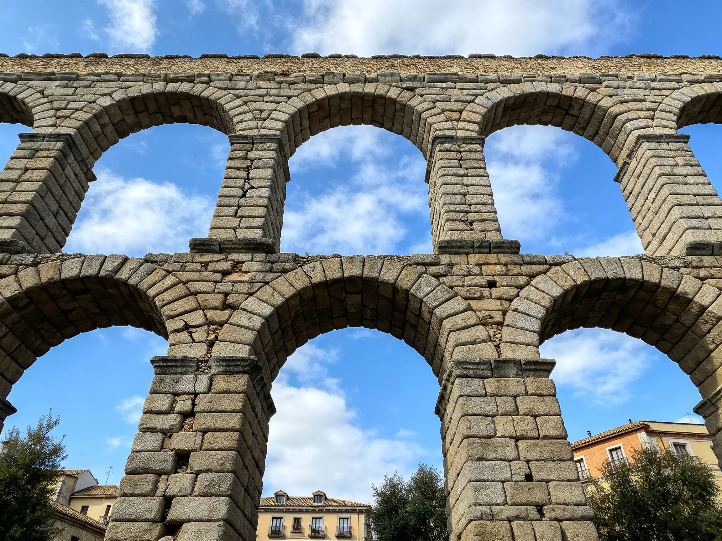 Ancient double-arched stone aqueduct with multiple arches under bright blue sky