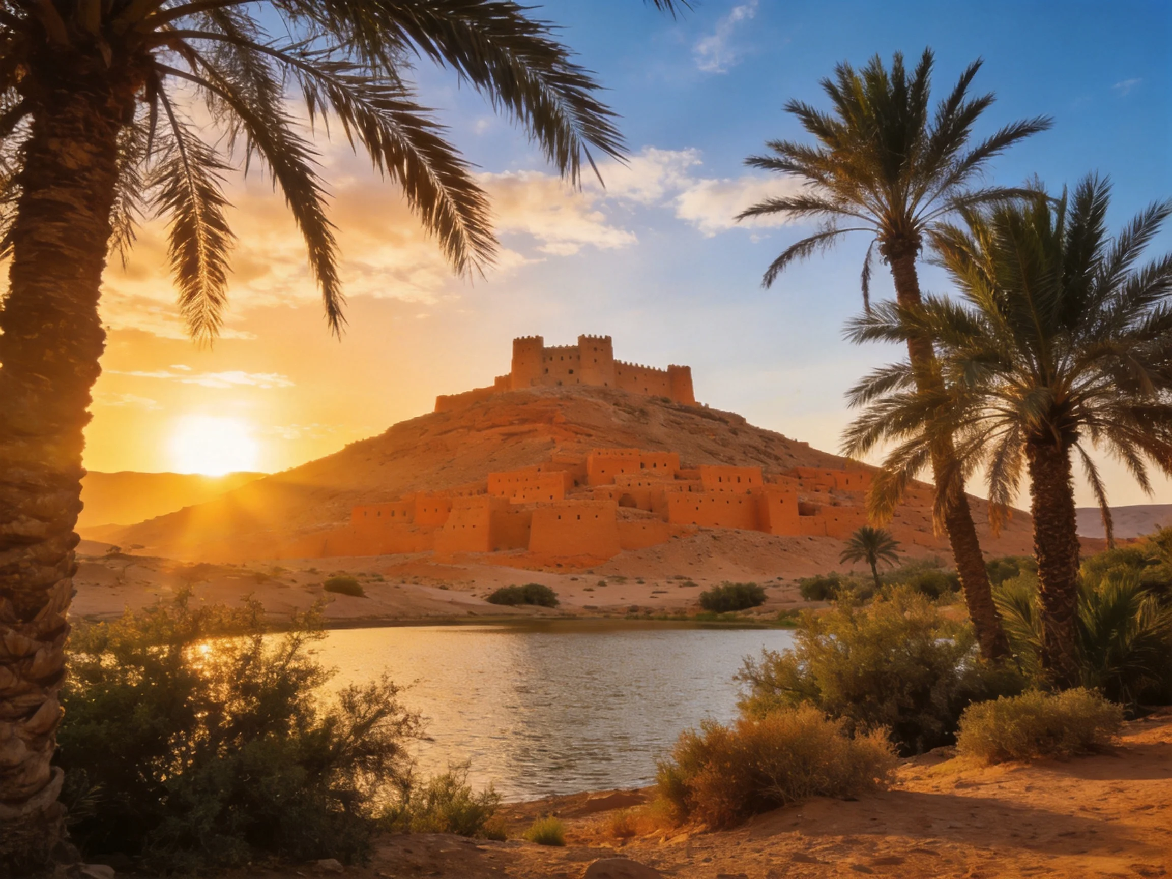 Ancient fortress on a sandy hill with palm trees nearby