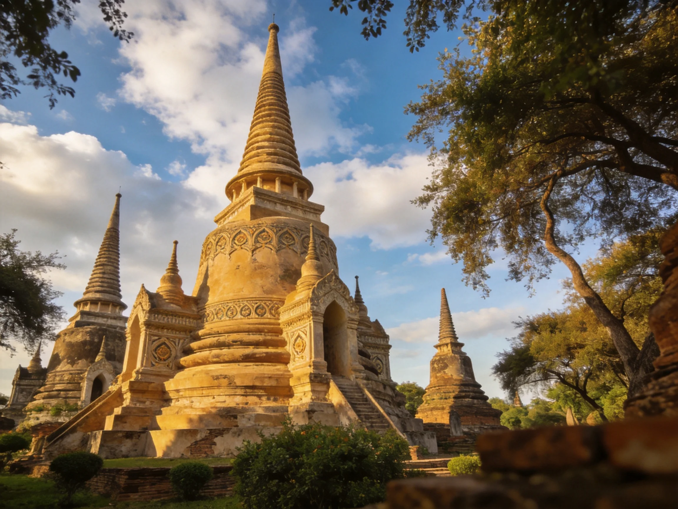 Ancient golden stupas in a sunlit historical site
