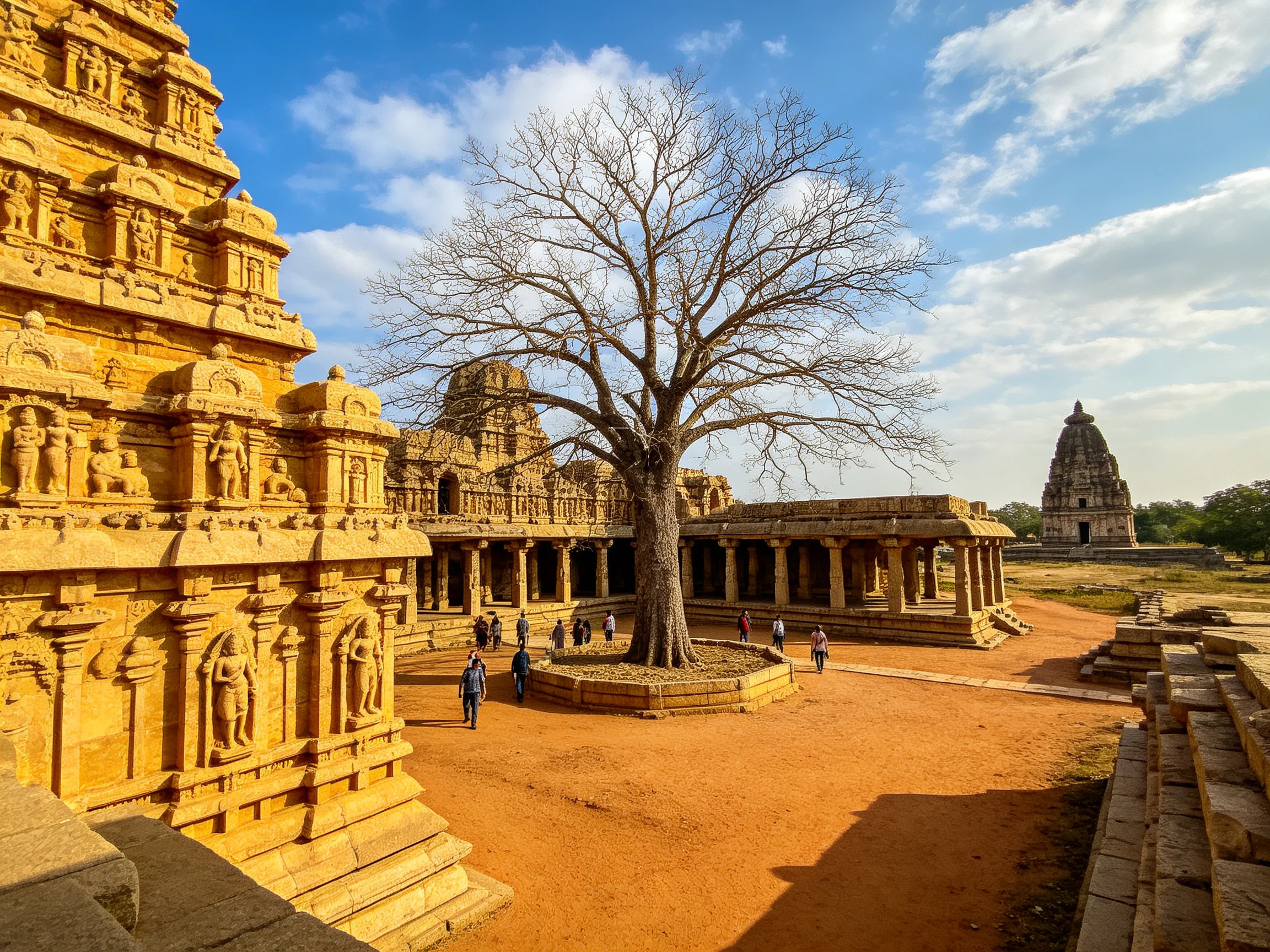 Ancient golden temples, large bare tree, and visitors