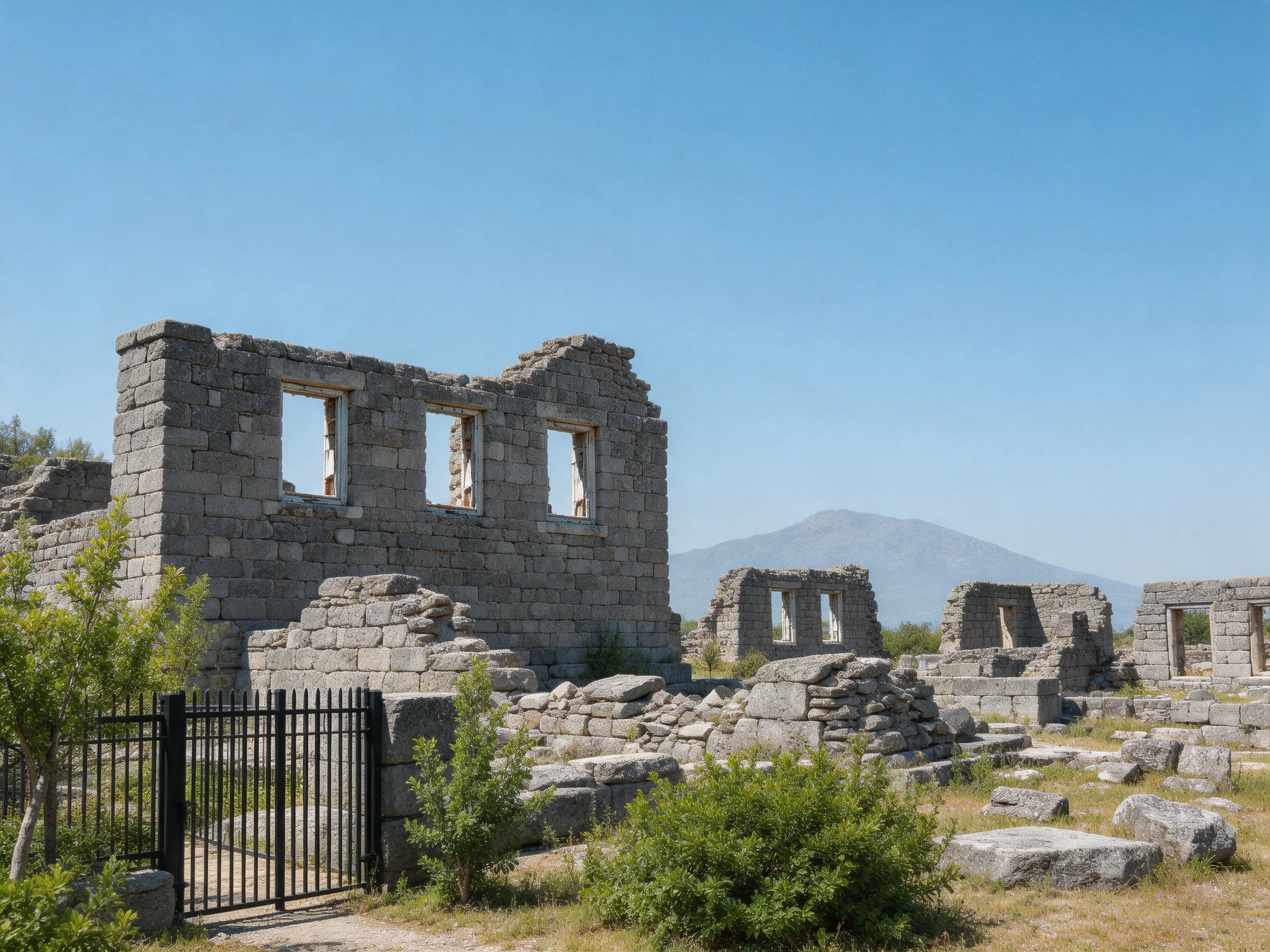 Ancient gray stone ruins with green vegetation and distant mountains