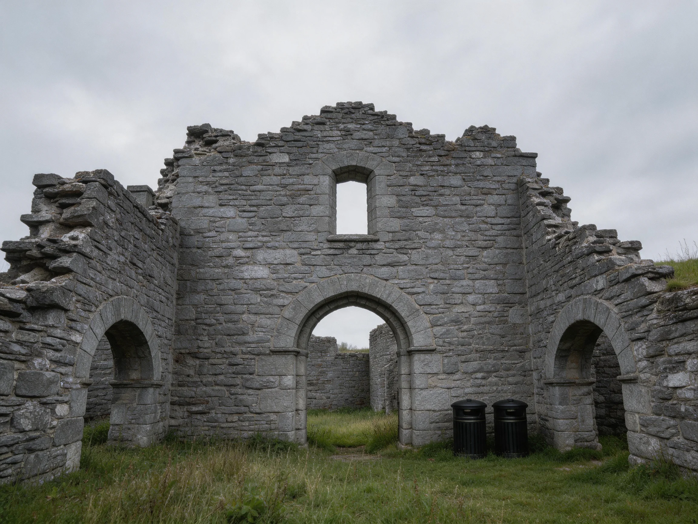 Ancient gray stone ruins with three arches under an overcast sky