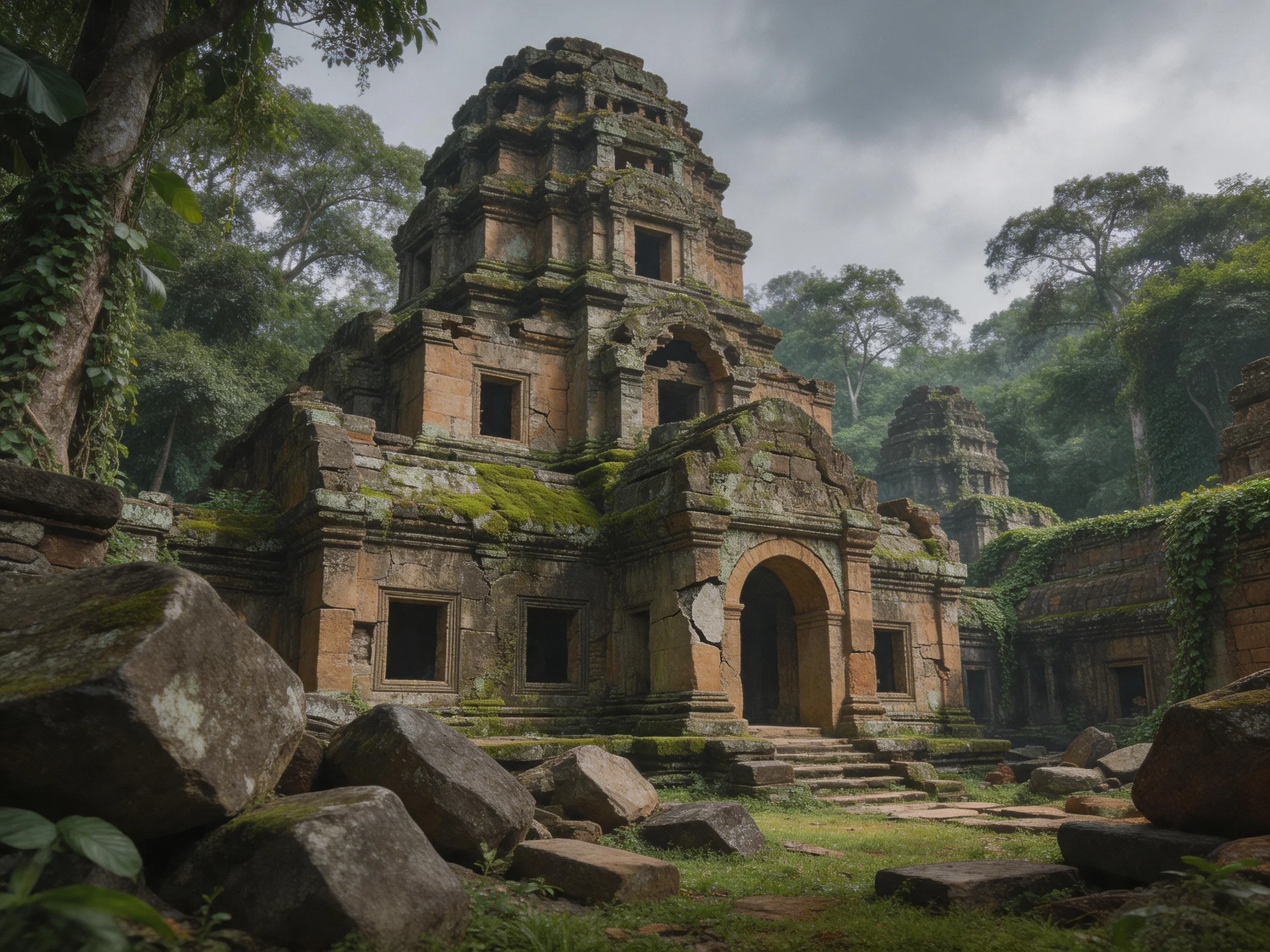 Ancient moss-draped temple ruins amid thick jungle vegetation