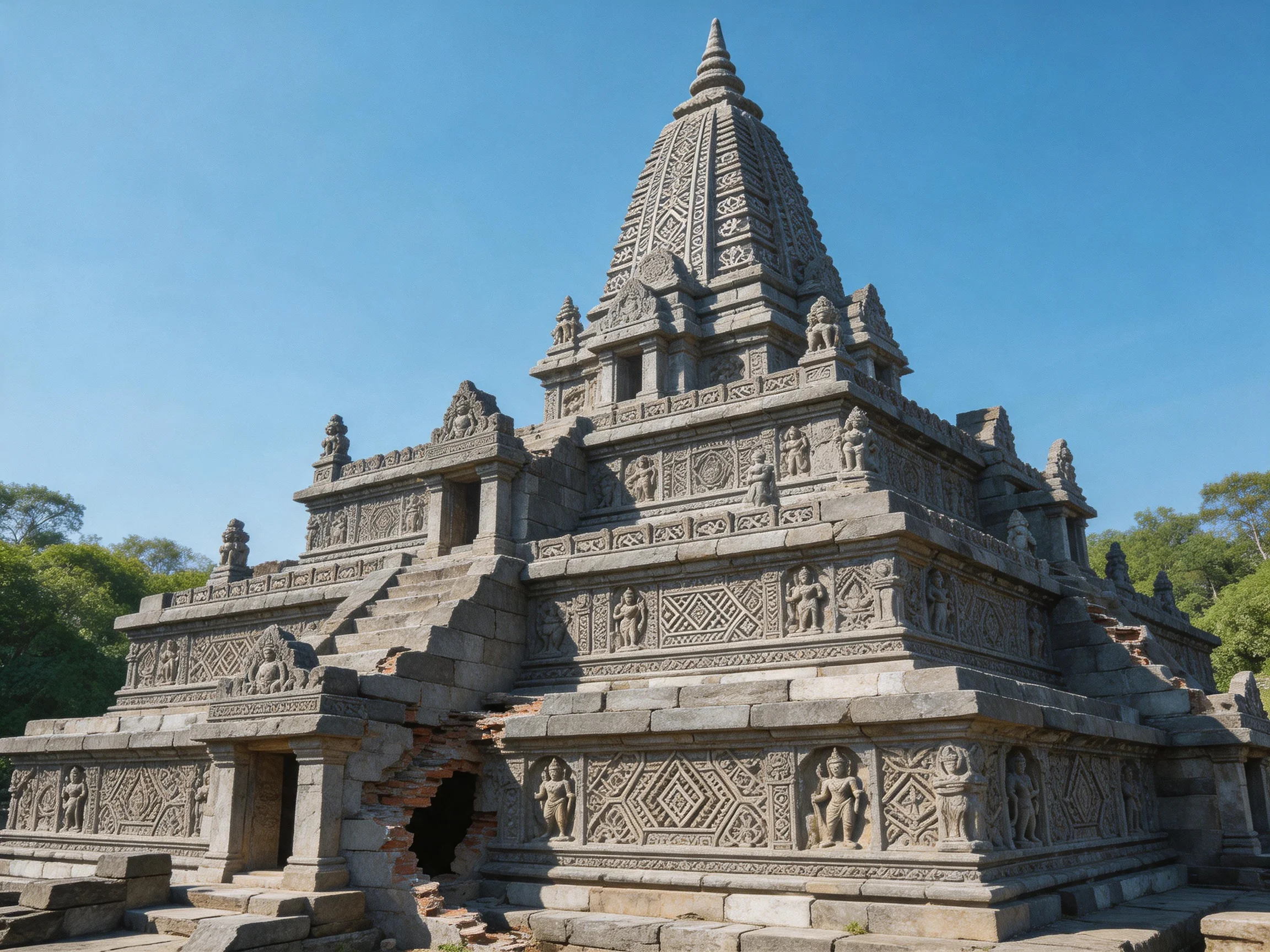 Ancient multi-tiered stone temple with elaborate carvings