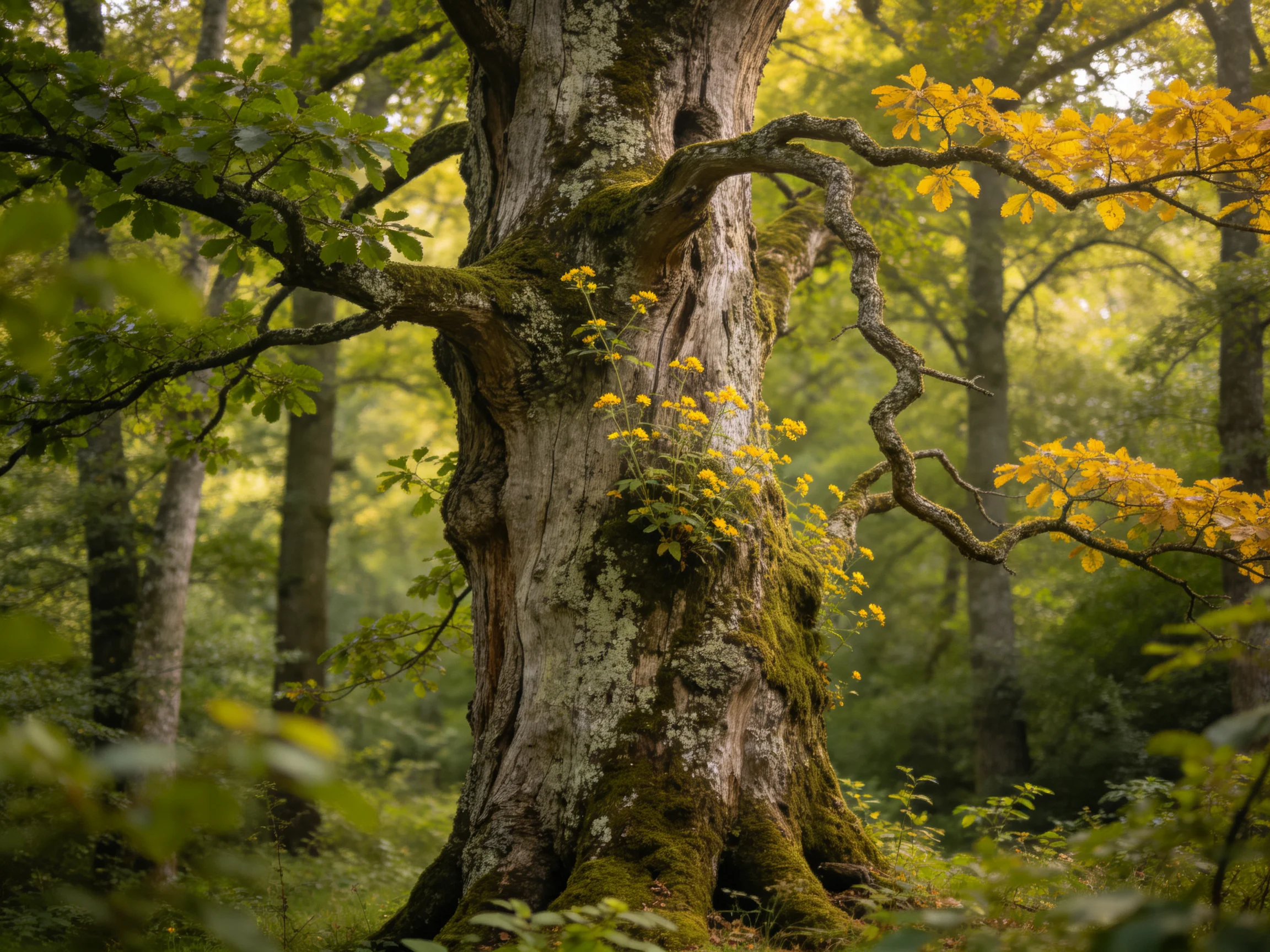 Ancient oak tree with moss, yellow blooms, and golden foliage