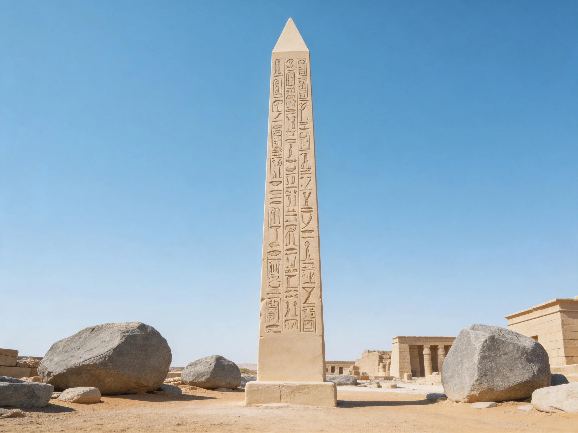 Ancient obelisk with hieroglyphics in desert archaeological ruins