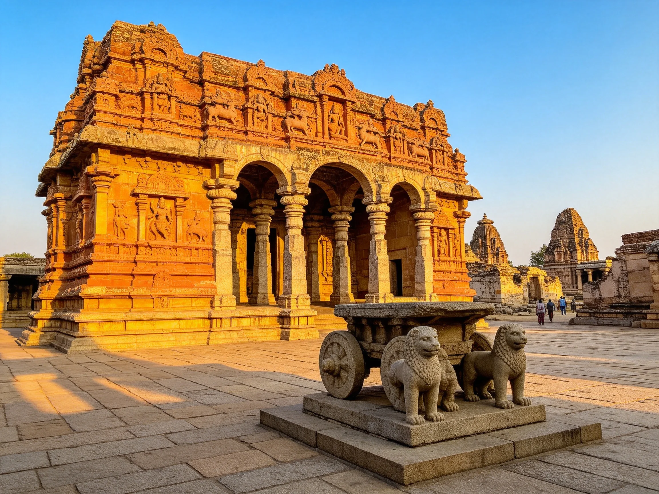 Ancient orange-hued temple with stone carvings and sculpture