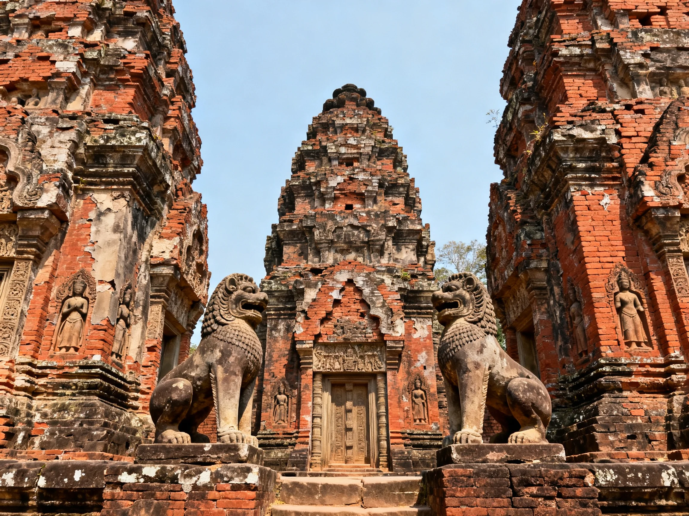 Ancient red - Brick Temple Complex with Stone Lion Guardians