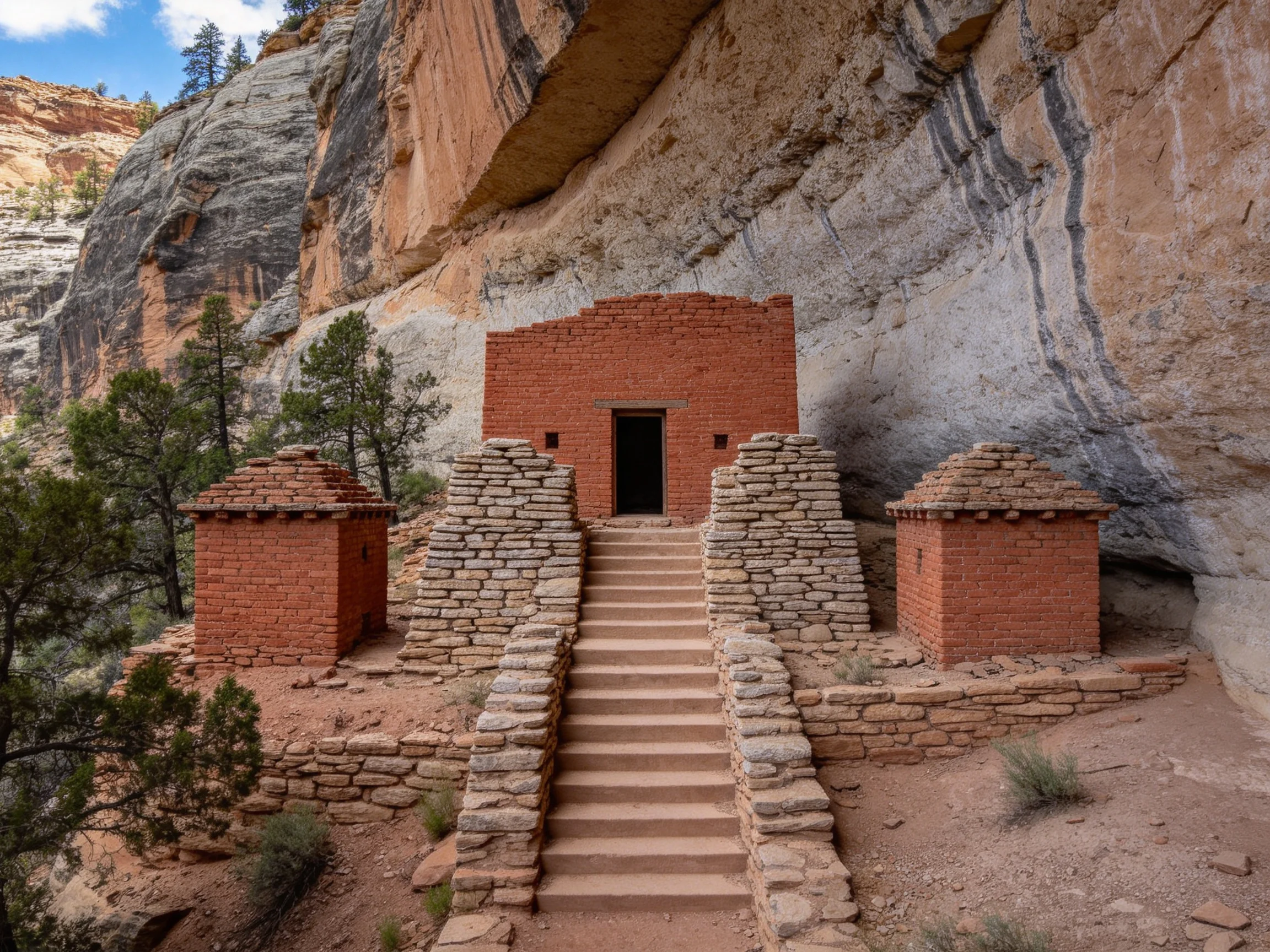 Ancient red-brick ruins near sandstone cliffs