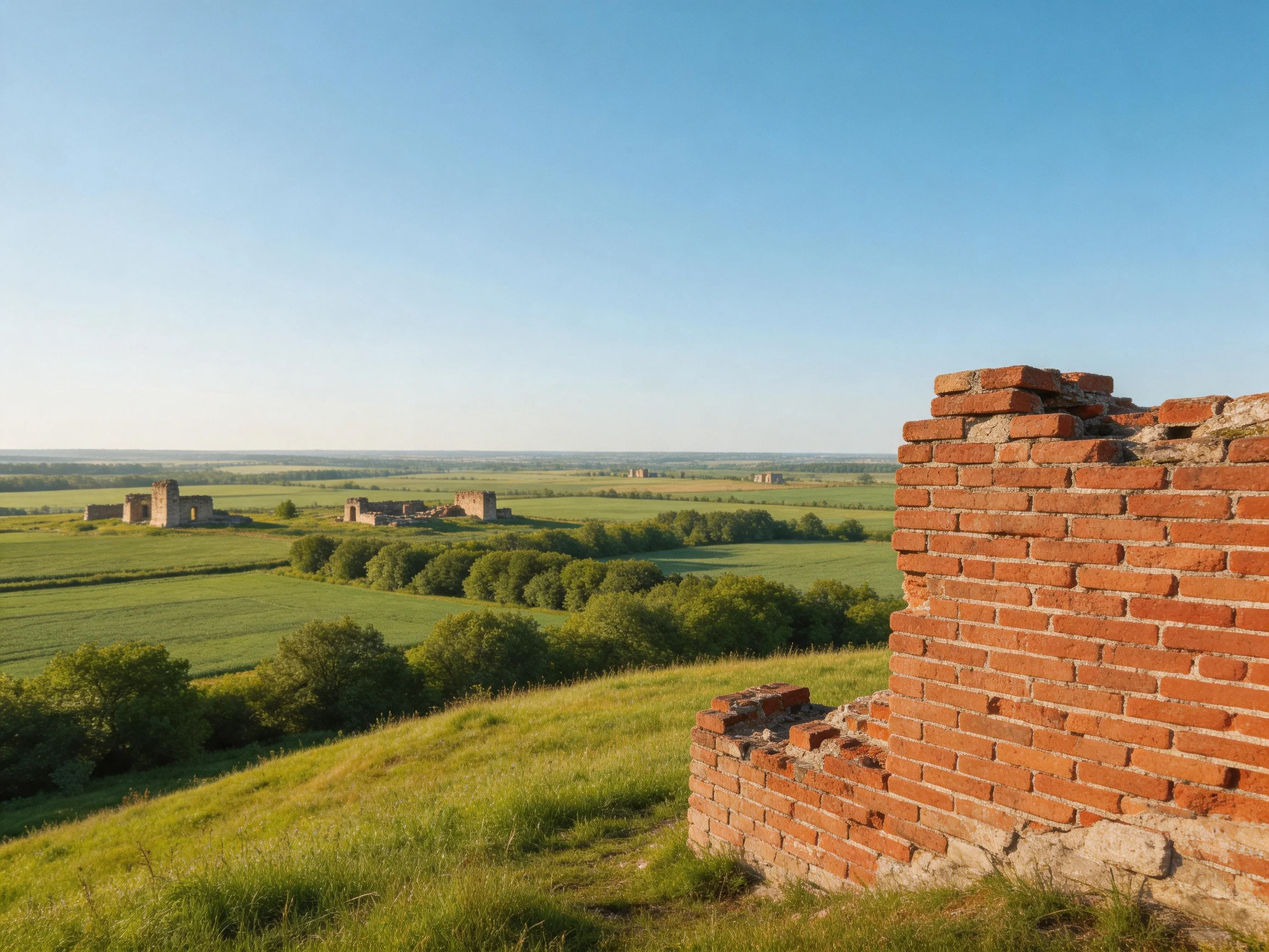 Ancient red brick ruins overlook lush green fields under clear blue sky