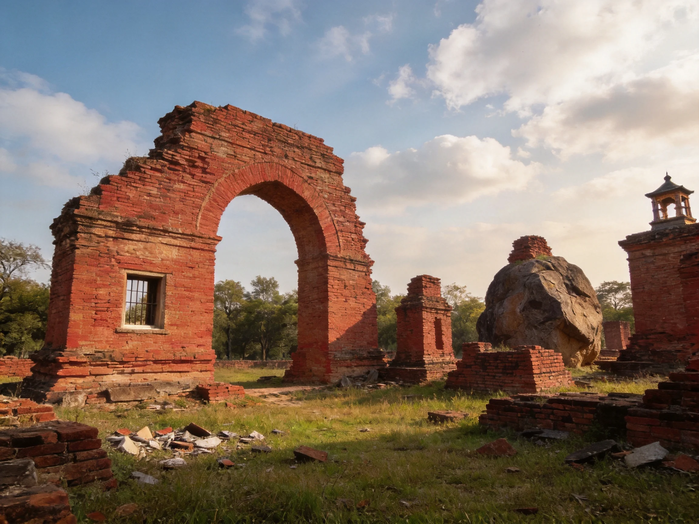 Ancient red brick ruins with arch and stone formations