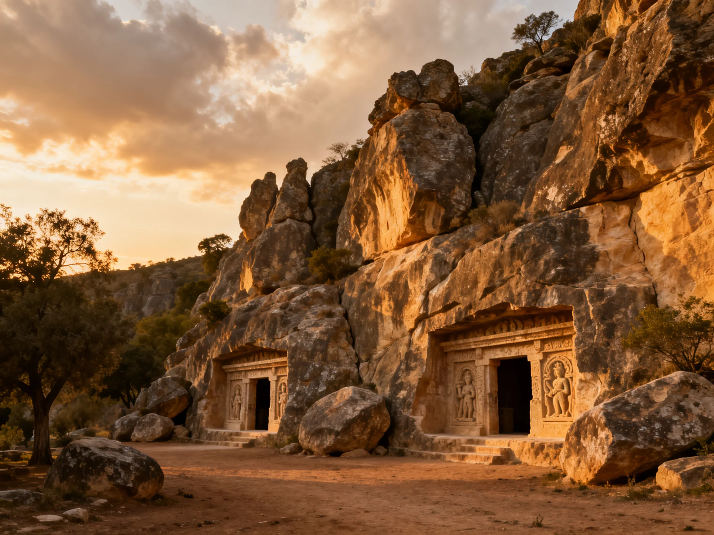 Ancient rock-cut tombs nestled among rugged golden cliffs at sunset