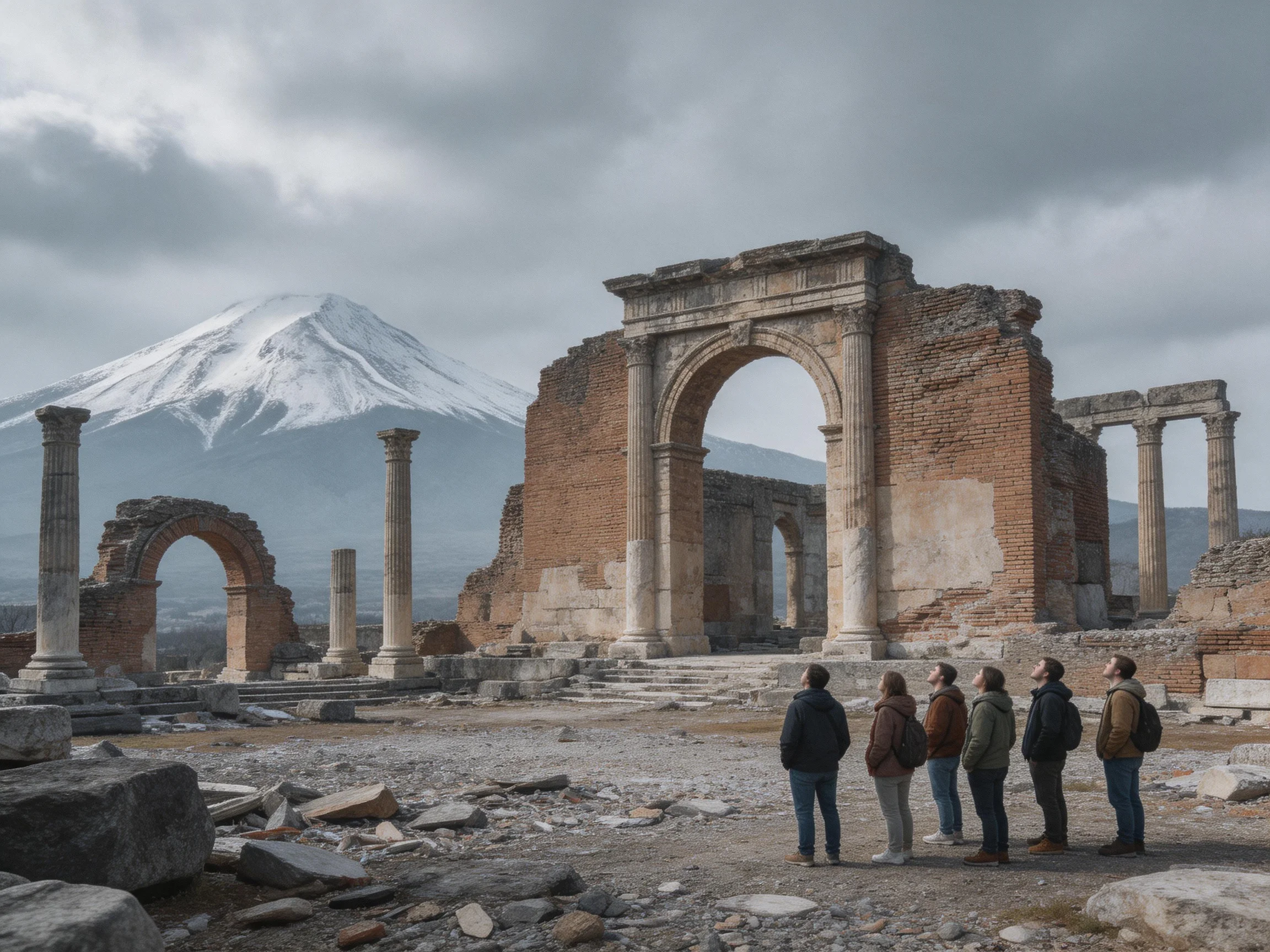 Ancient ruins with large arches, columns, and snow-capped mountain