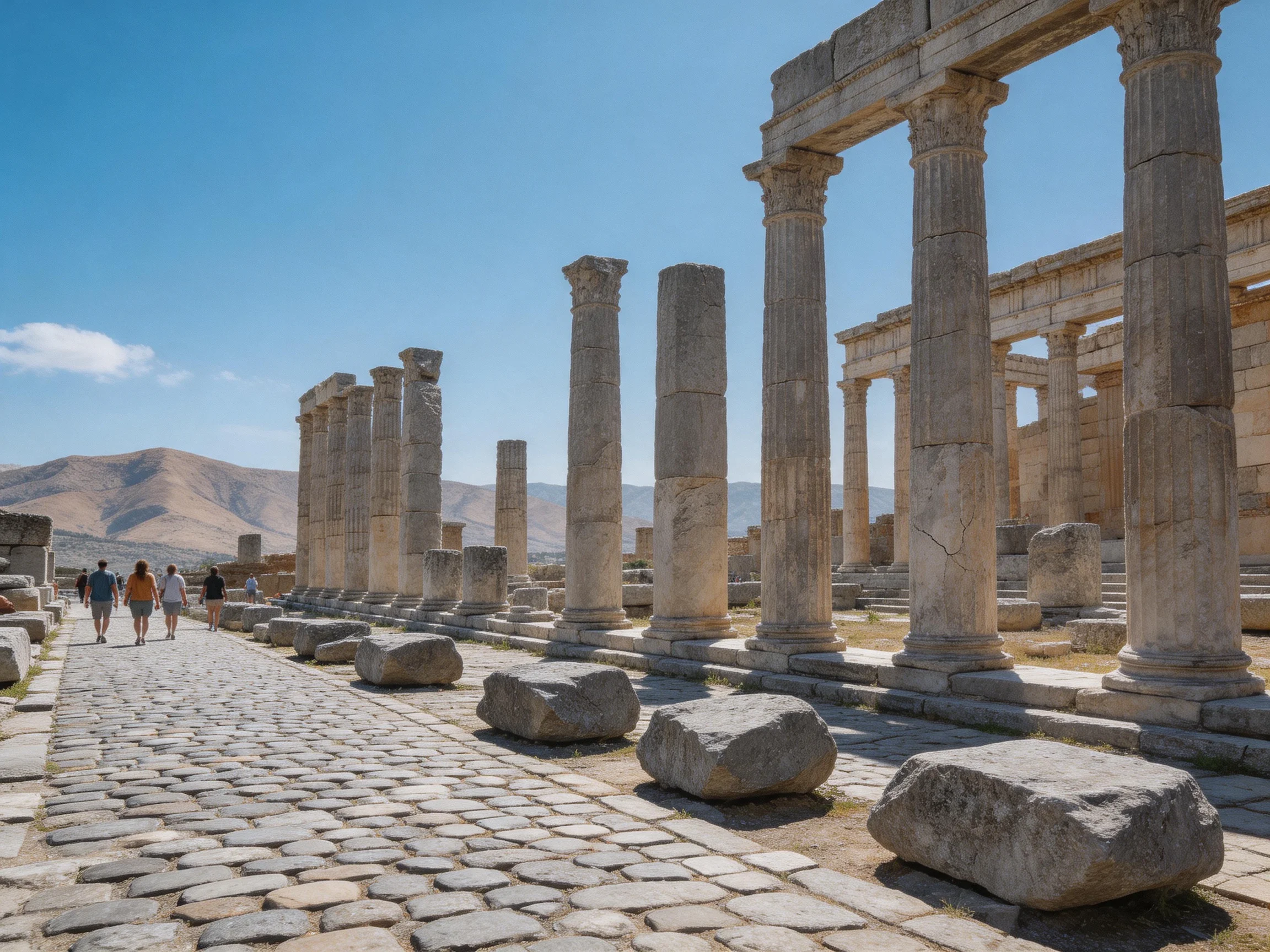 Ancient ruins with tall stone columns and cobblestone walkway