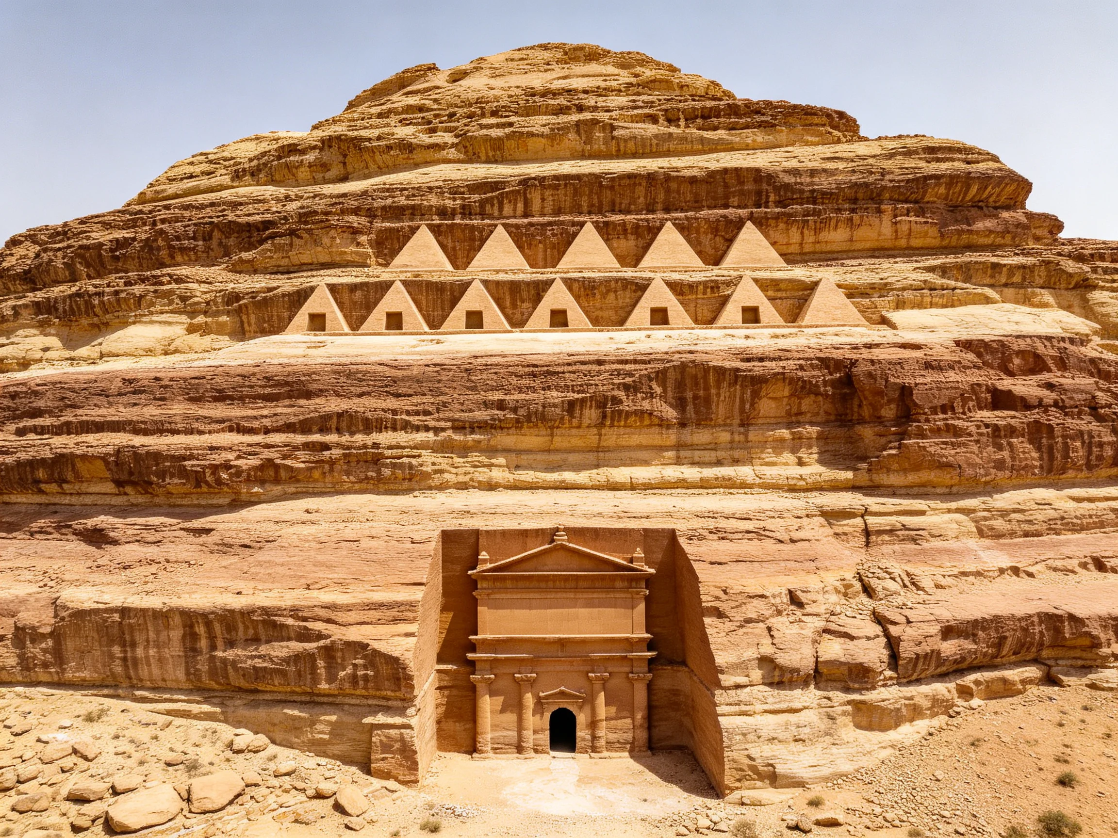 Ancient sandstone formation with triangular carvings and carved temple