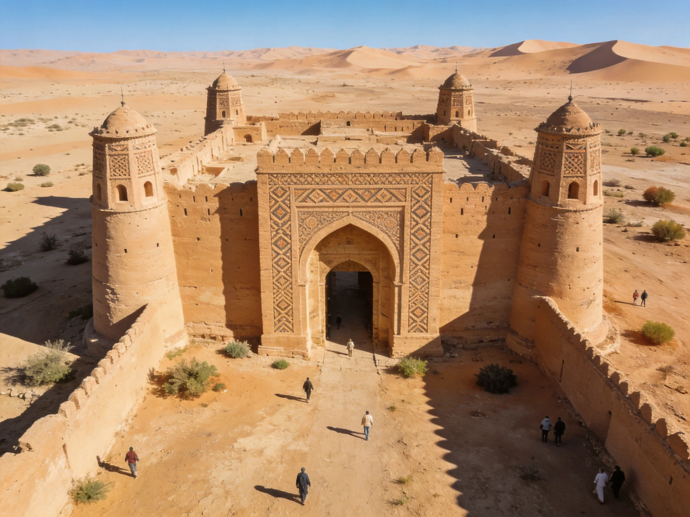 Ancient sandstone fortress amid vast desert dunes
