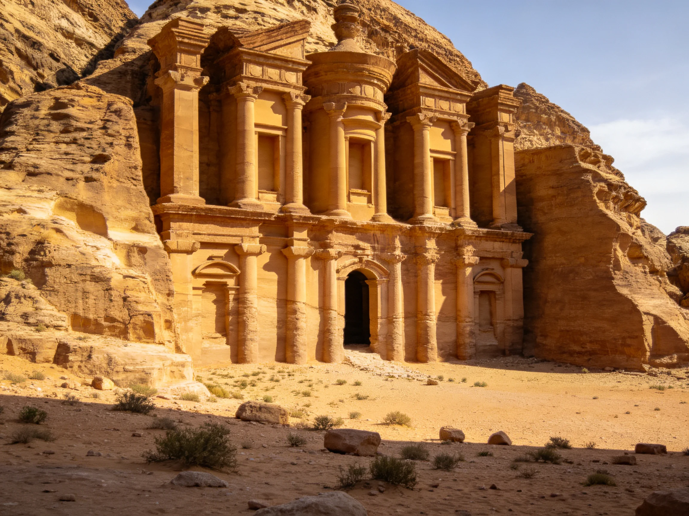 Ancient sandstone temple carved into rocky cliffs