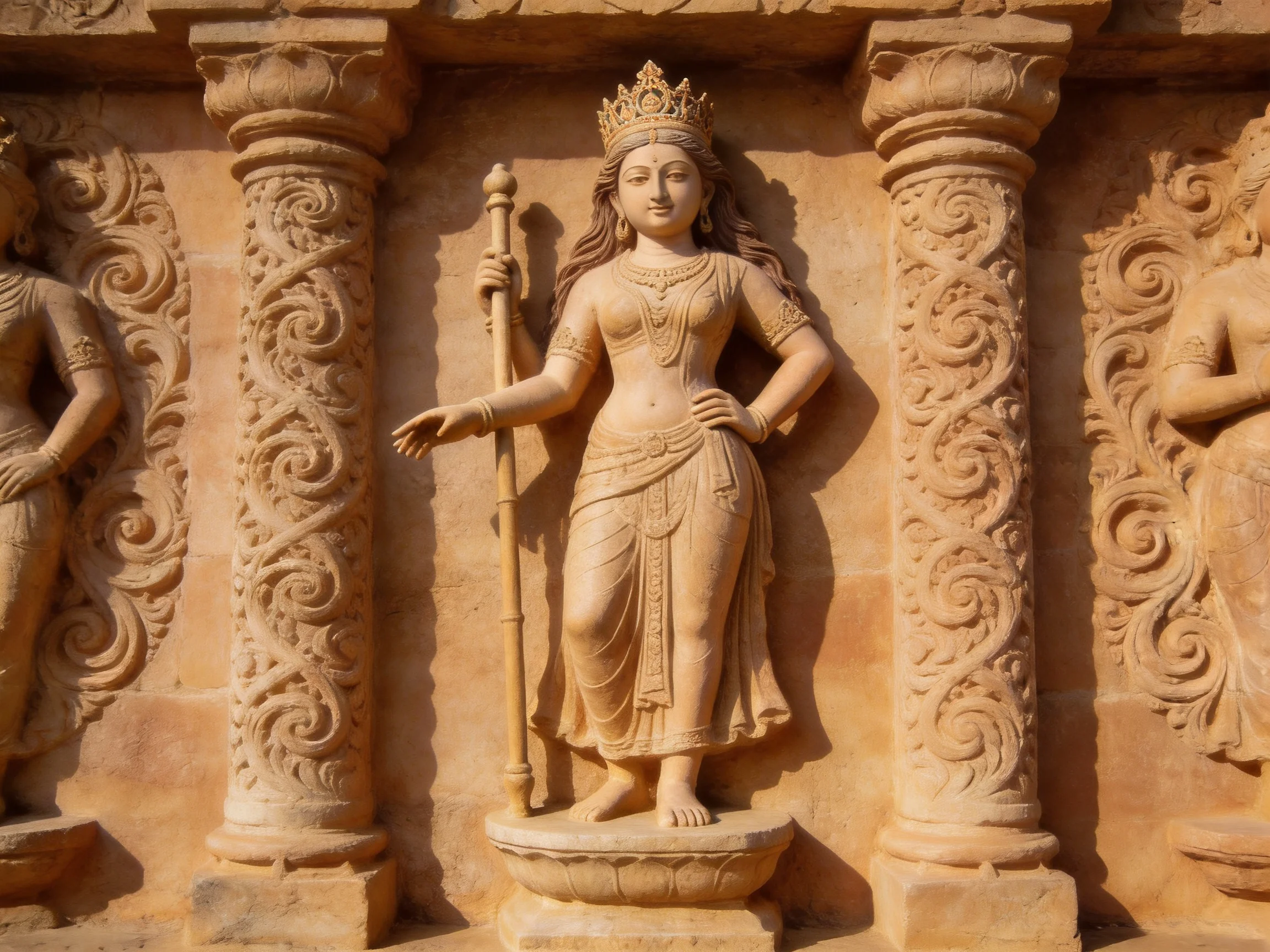 Ancient sandstone temple carving of a crowned deity between ornate columns