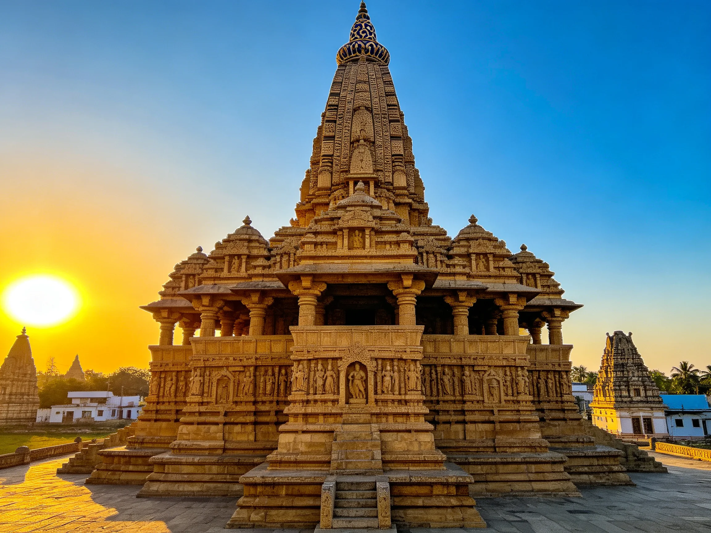Ancient sandstone temple with intricate carvings under golden sunset light