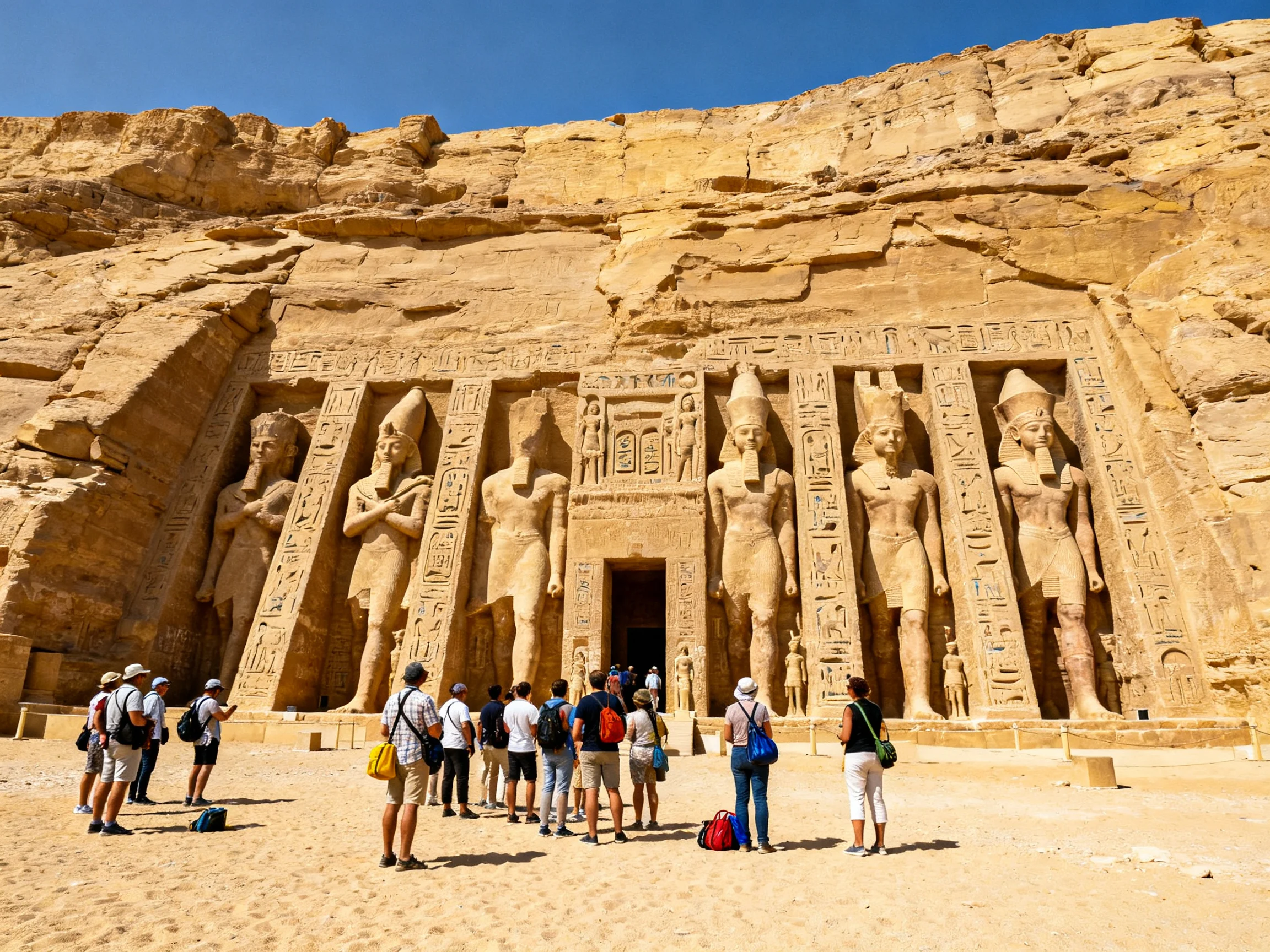 Ancient sandstone temple with six large stone statues and tourists