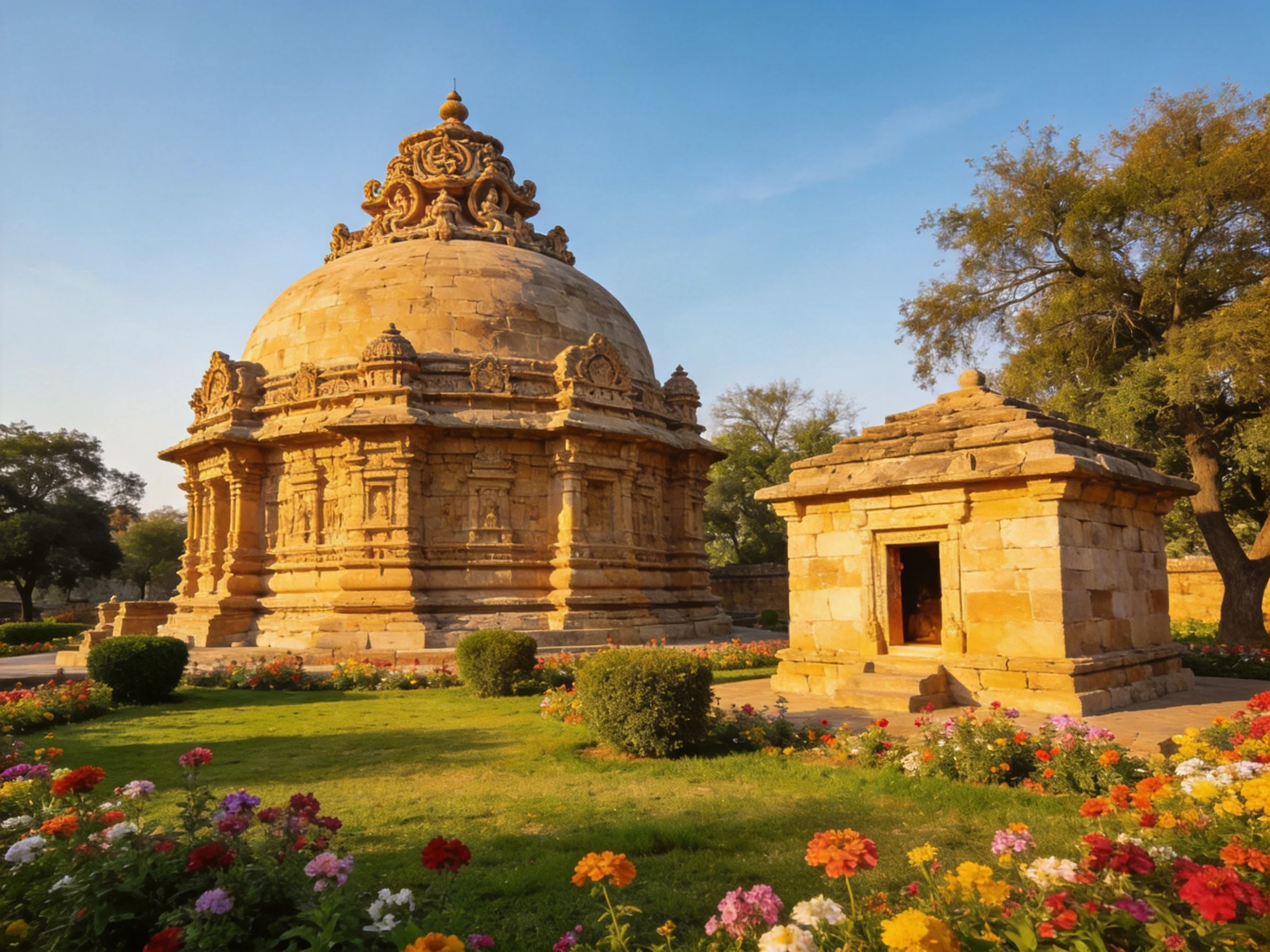 Ancient sandstone temple with vibrant flower garden and smaller shrine