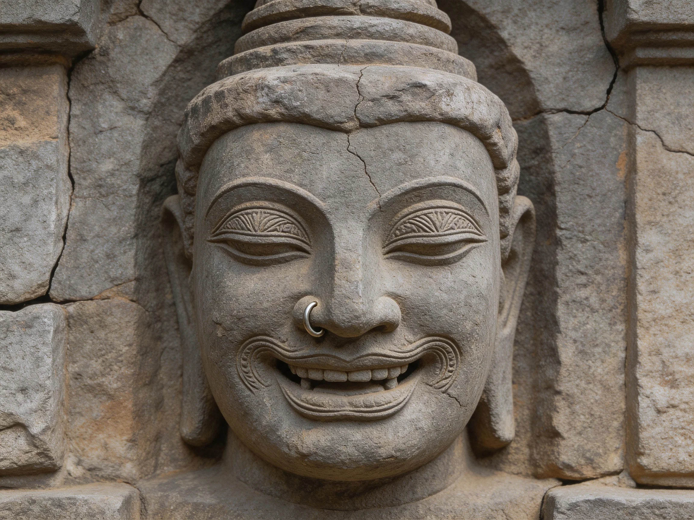 Ancient stone Buddha head carving with intricate details