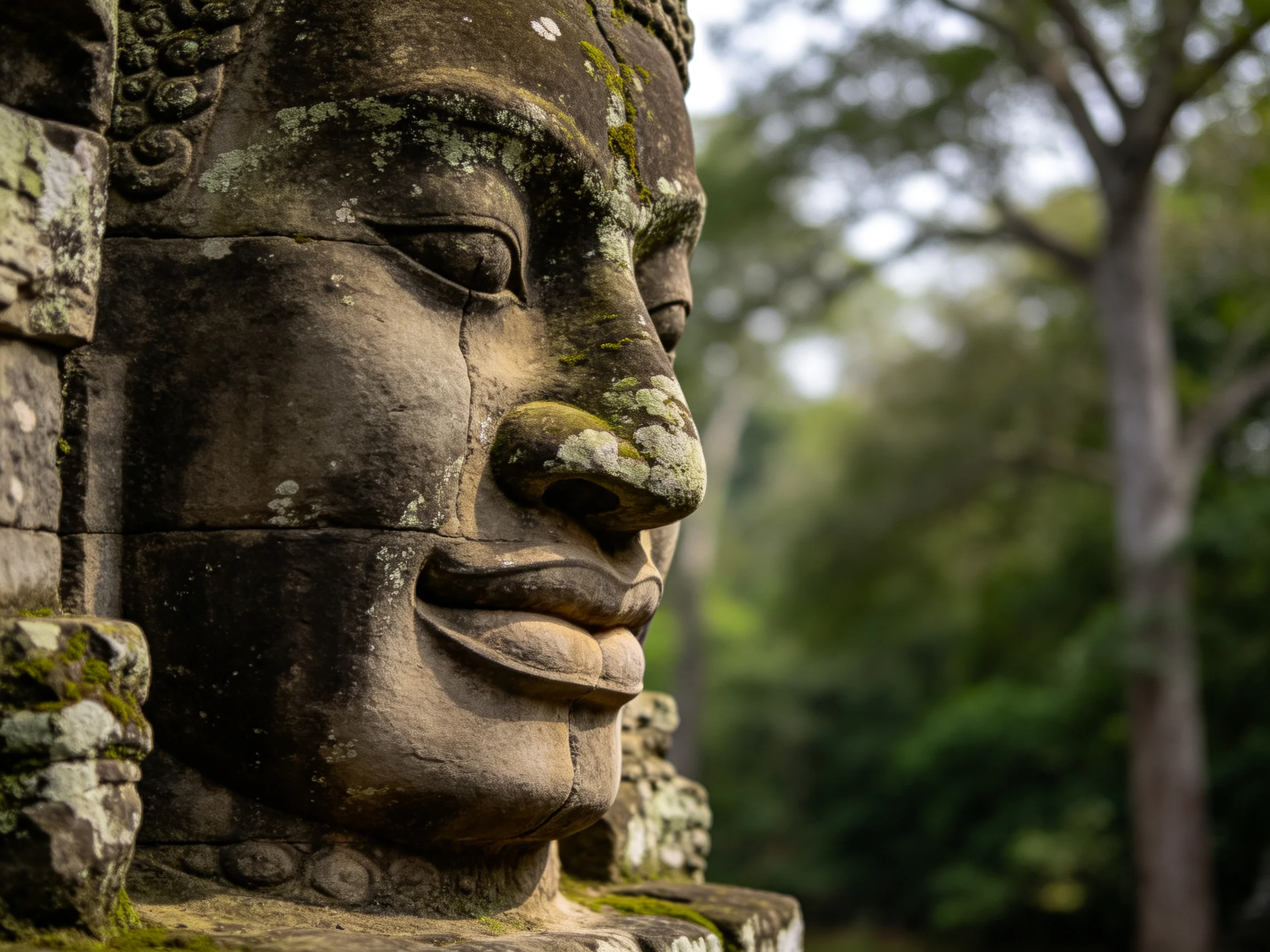 Ancient stone Buddha head statue with moss amid lush green forest