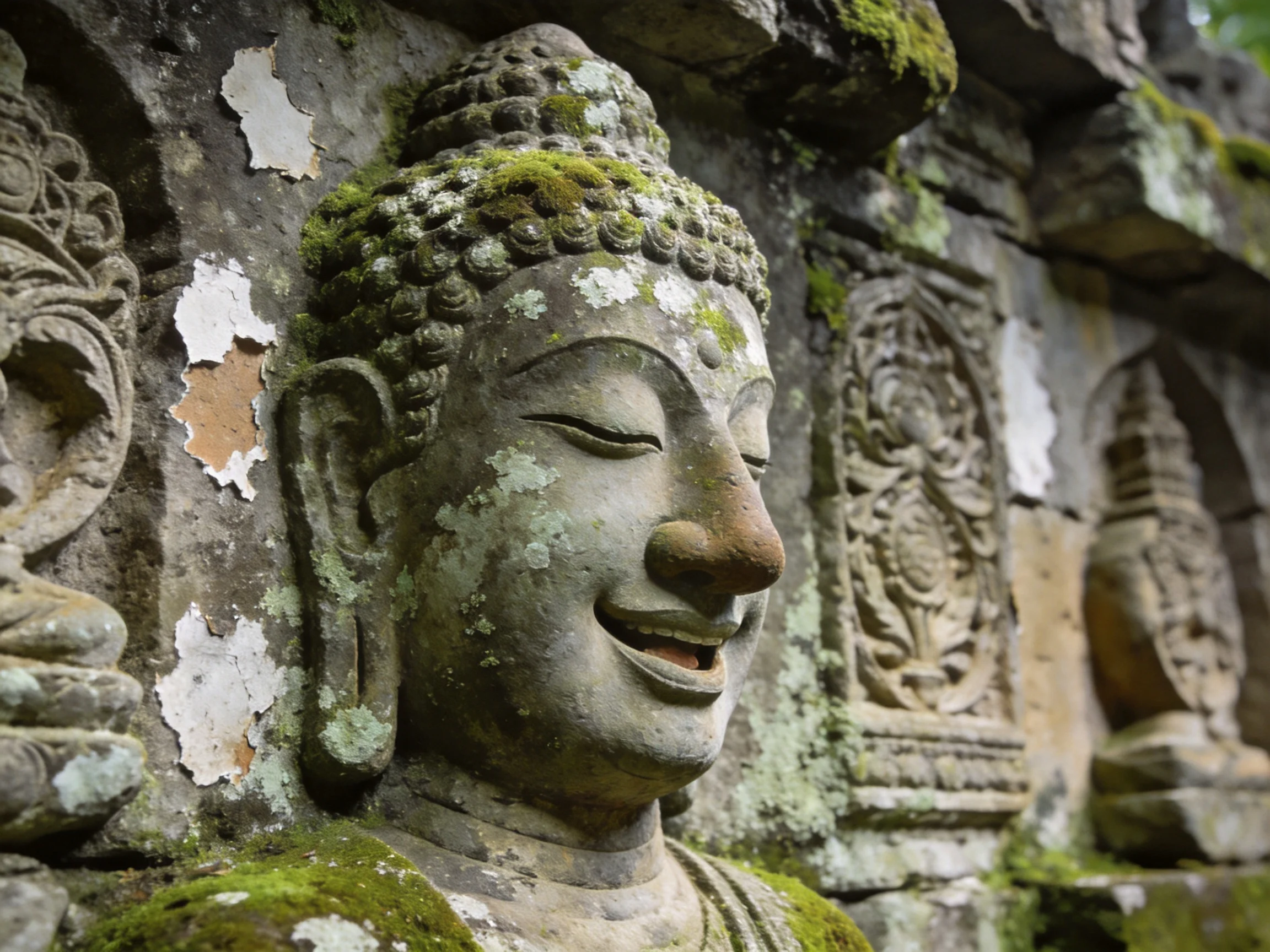 Ancient stone Buddha head with moss-covered surface and ornate carved wall