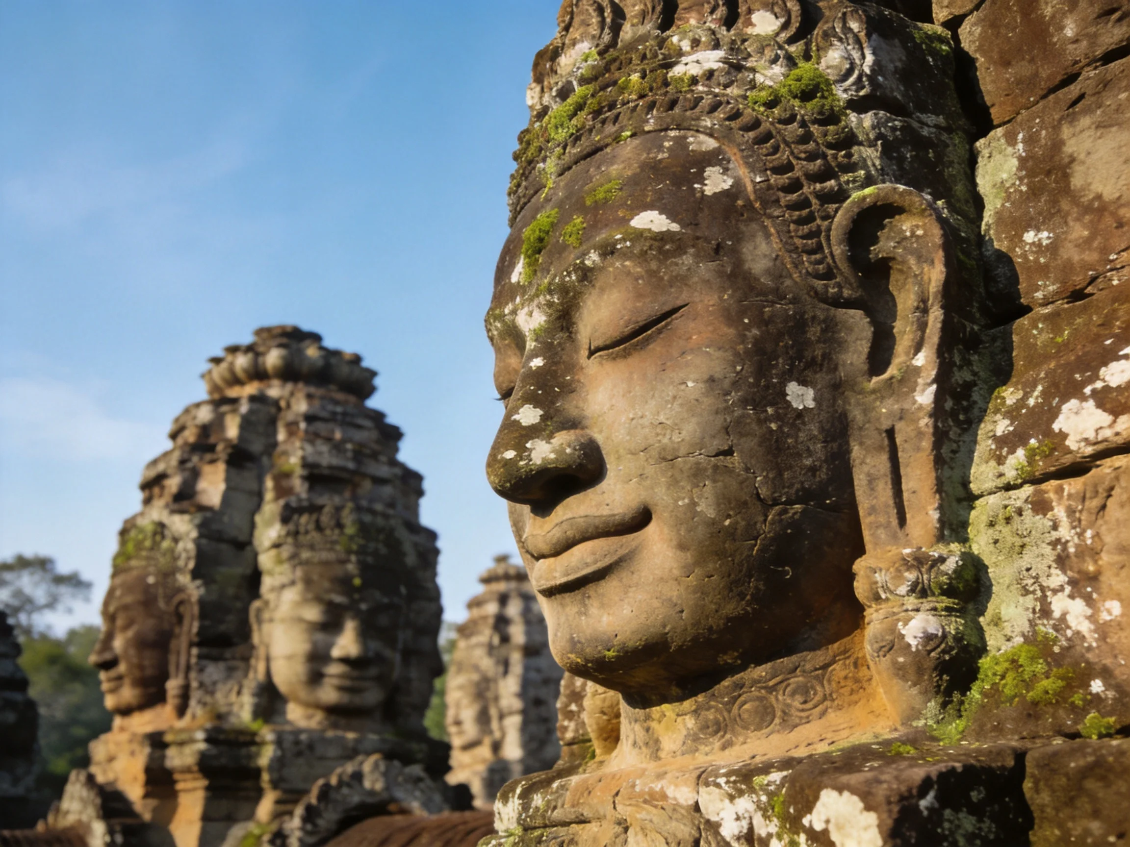Ancient stone Buddha statues with weathered texture and green moss
