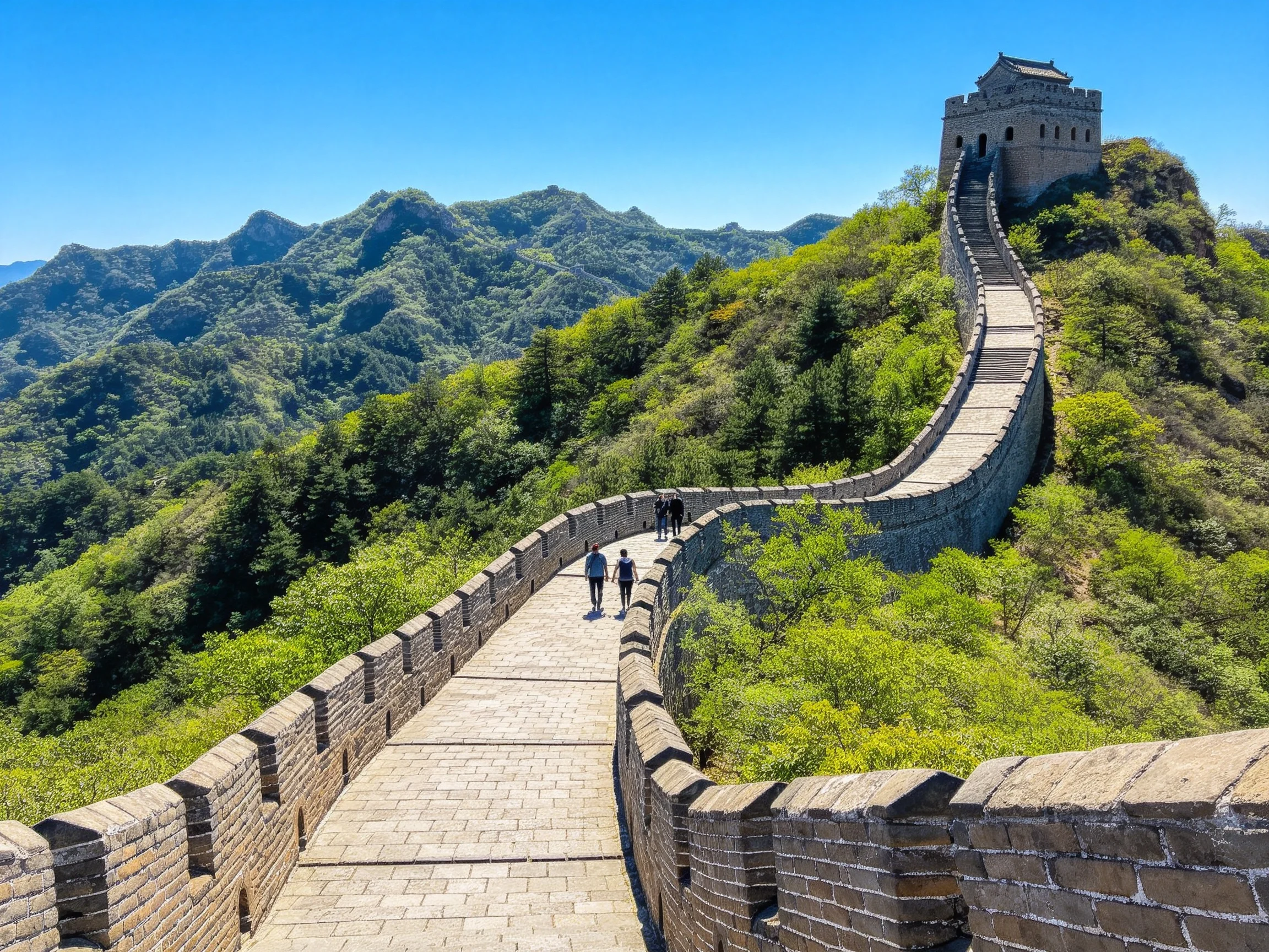 Ancient stone Great Wall winding through lush green mountains under clear blue skies