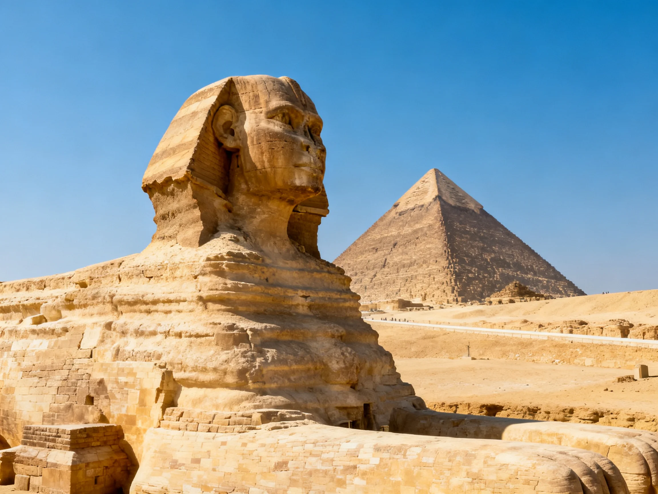 Ancient stone Sphinx beside a large brown pyramid under clear blue sky