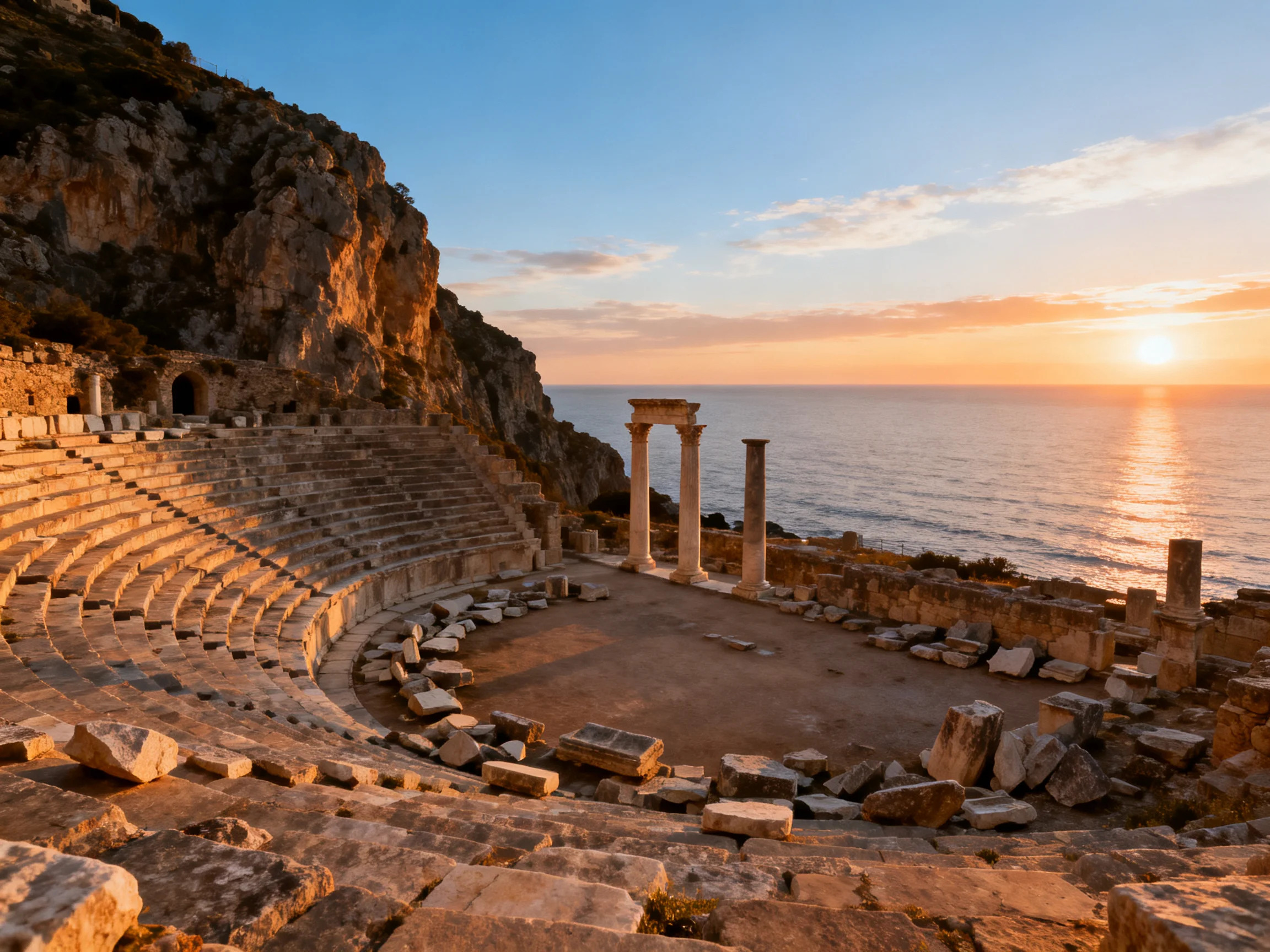 Ancient stone amphitheater by the sea at sunset