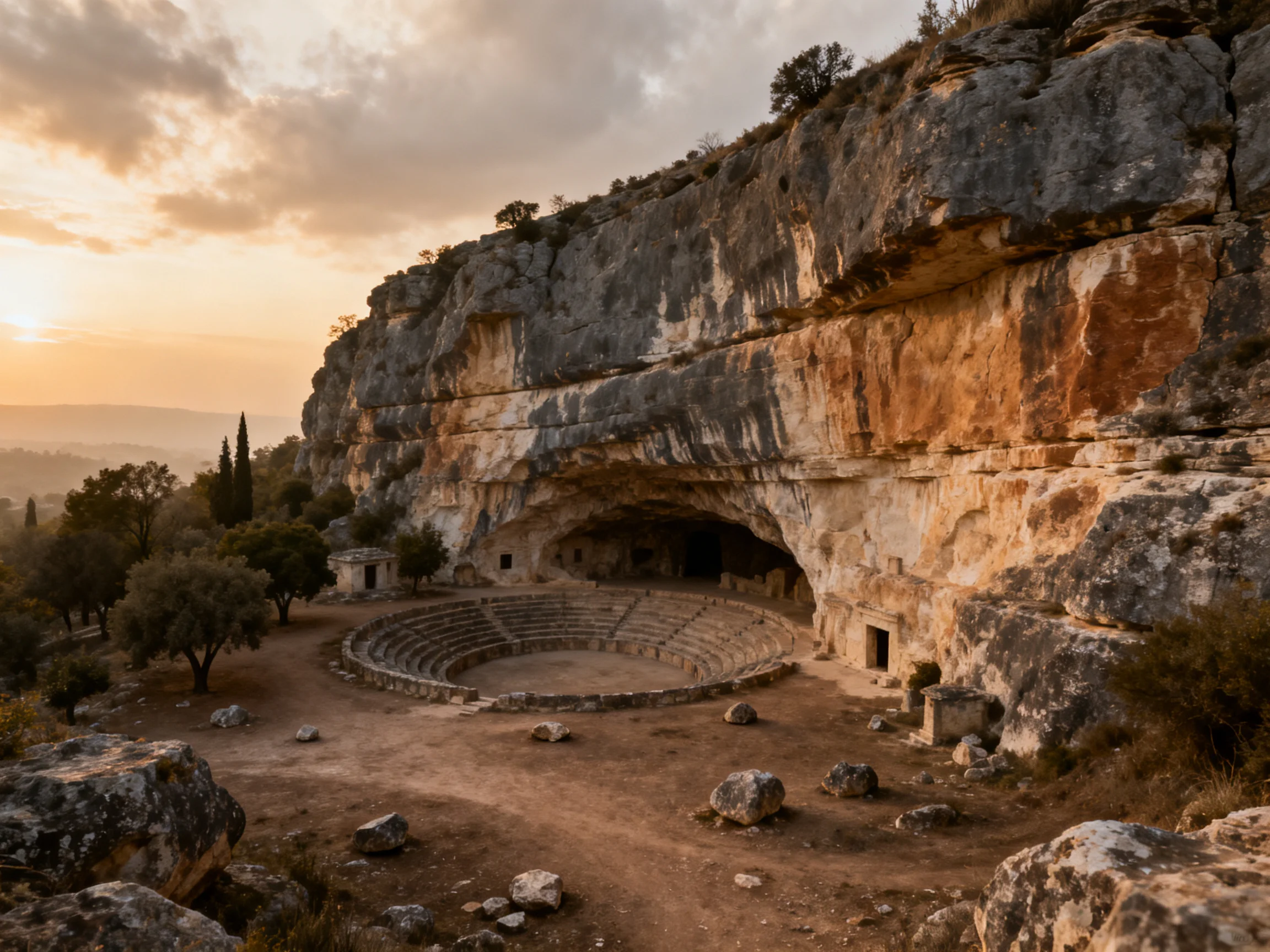 Ancient stone amphitheater carved into a weathered cliff face at sunset