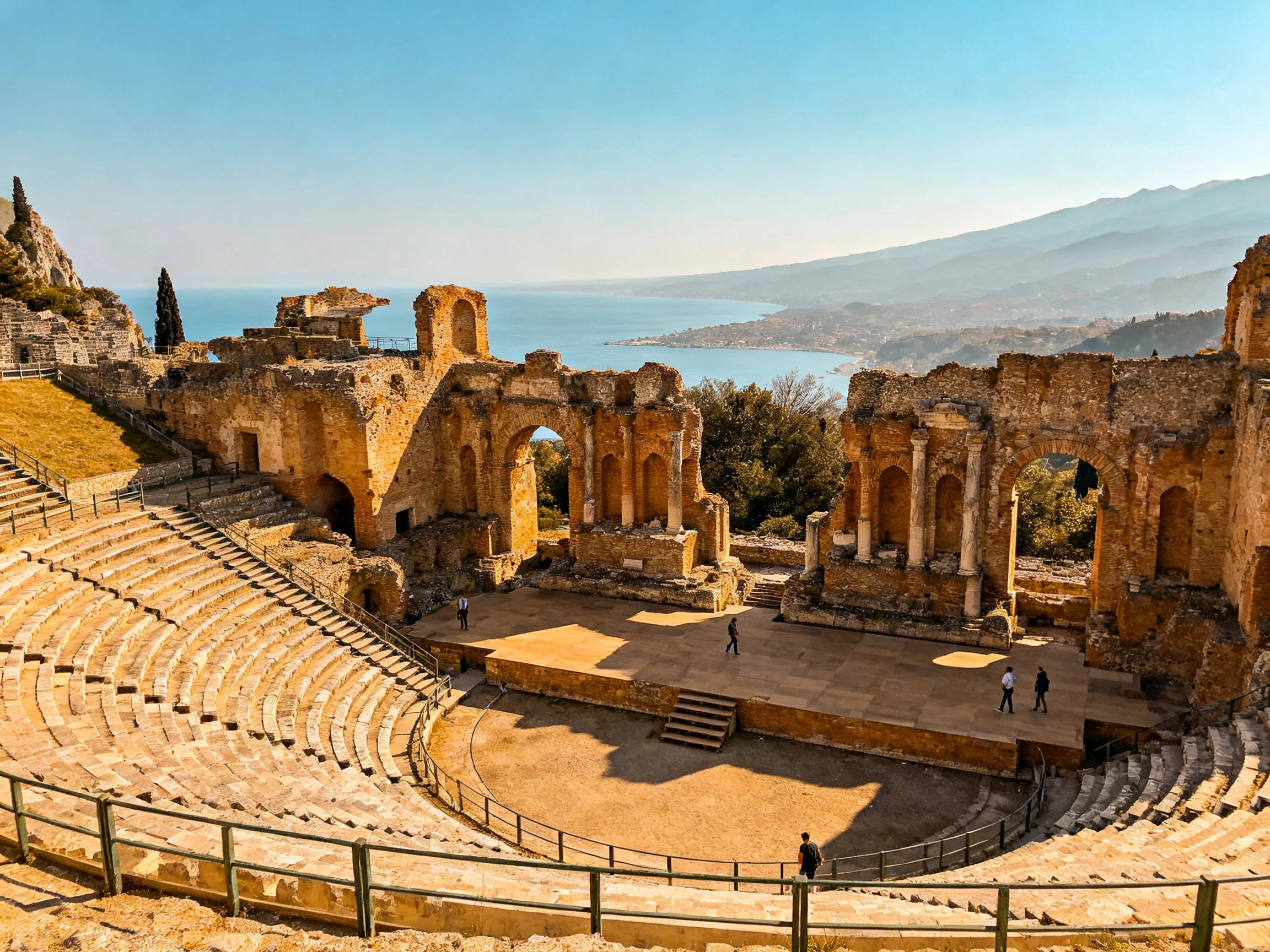Ancient stone amphitheater ruins overlooking coastal mountains