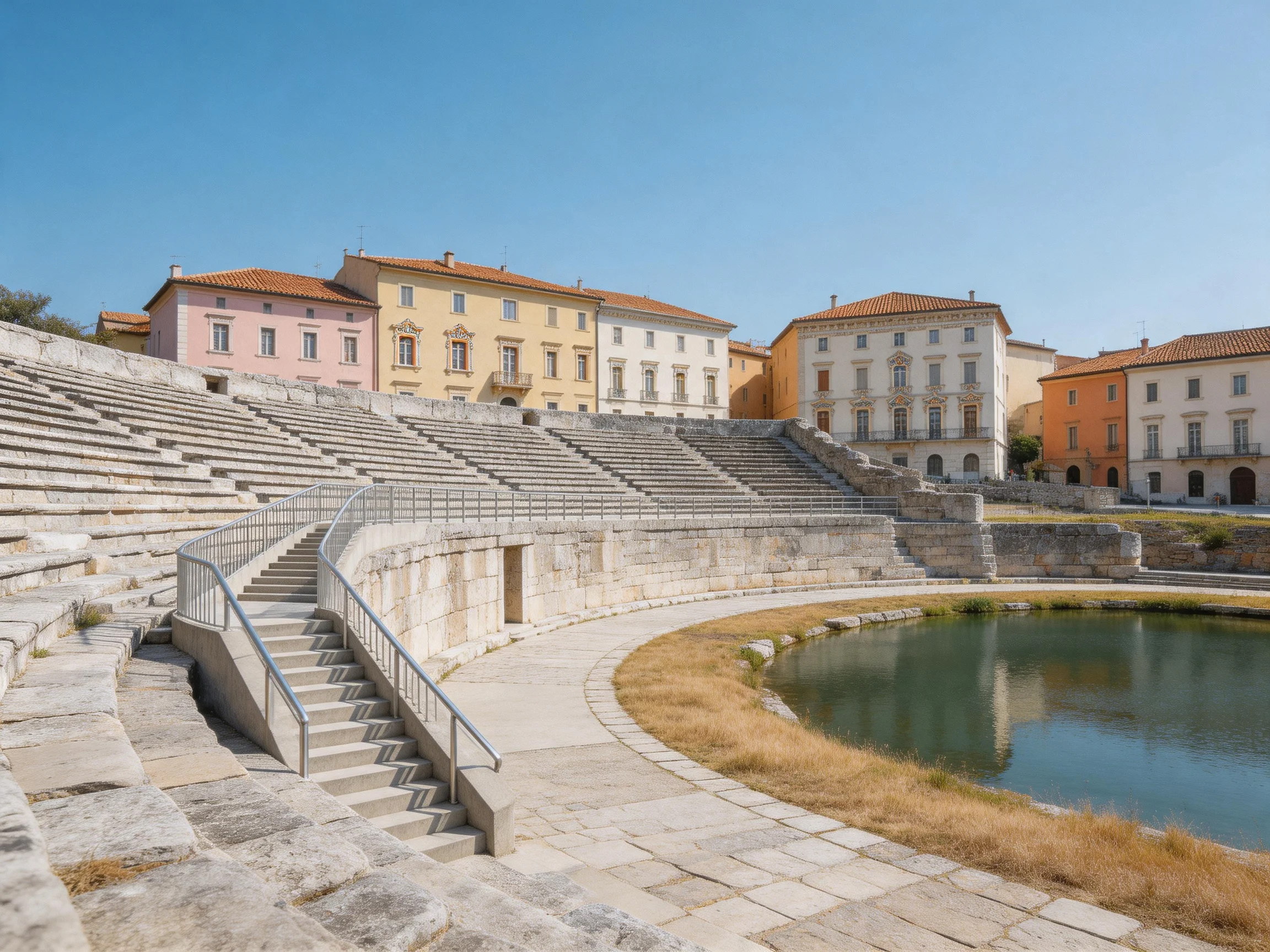 Ancient stone amphitheater surrounded by colorful historic structures