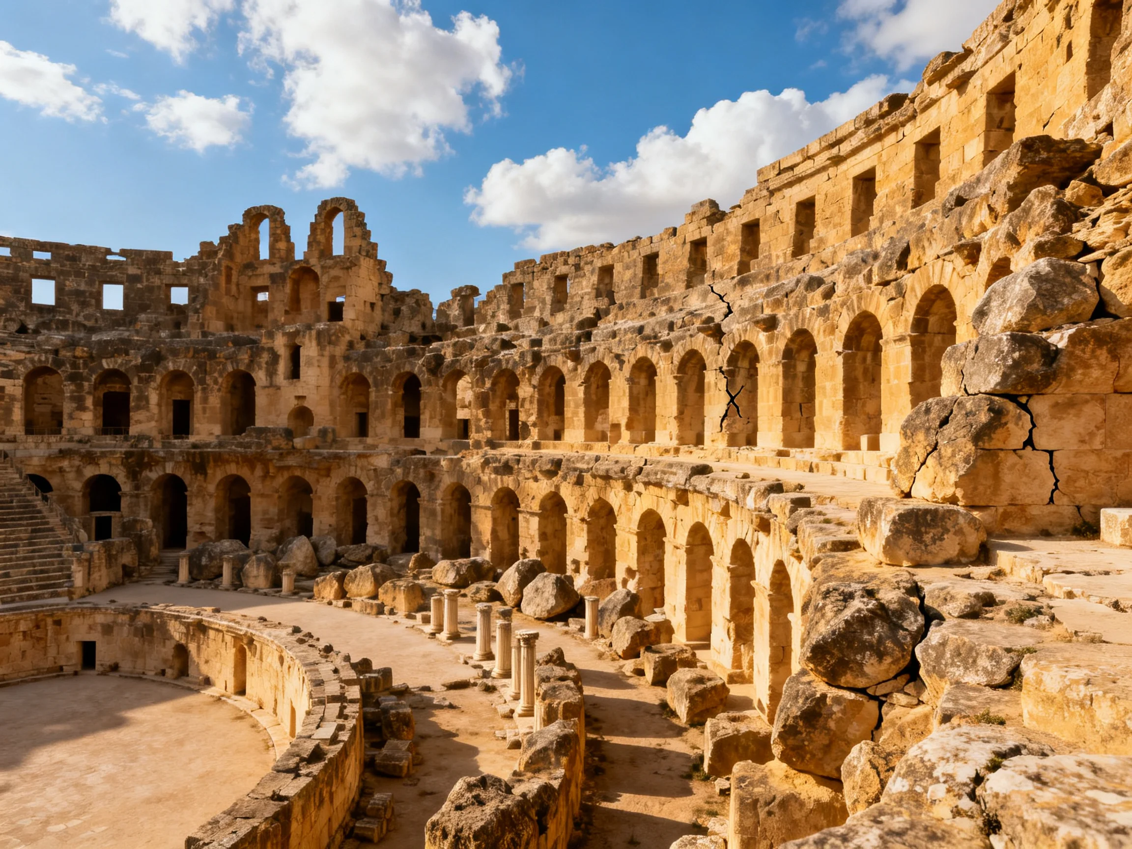 Ancient stone amphitheater with arched walls under bright blue sky