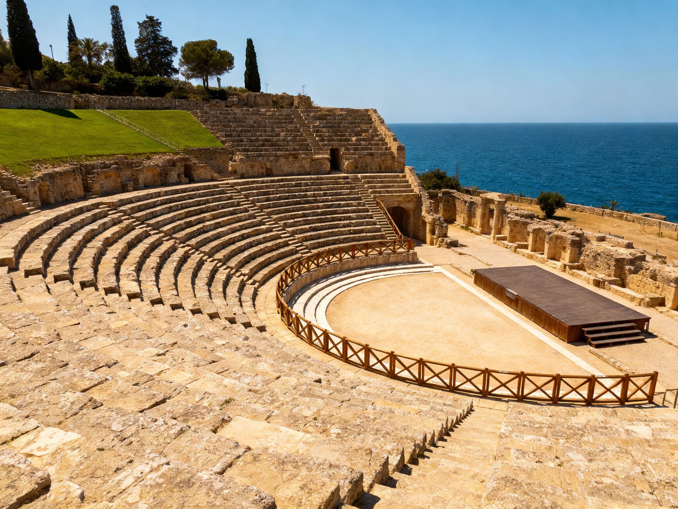 Ancient stone amphitheater with tiered seating near coastal ruins