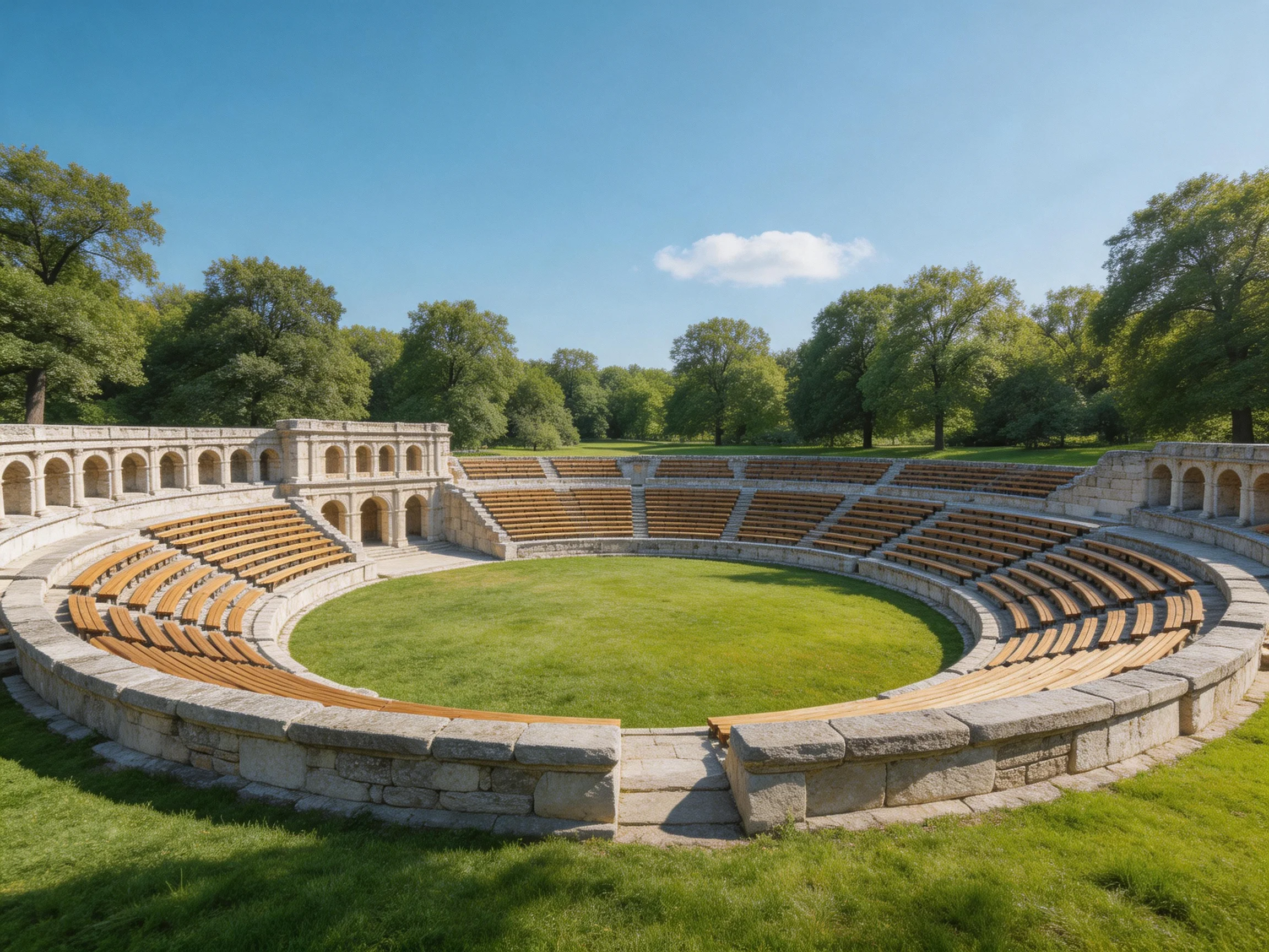 Ancient stone amphitheater with wooden seating and lush green surroundings