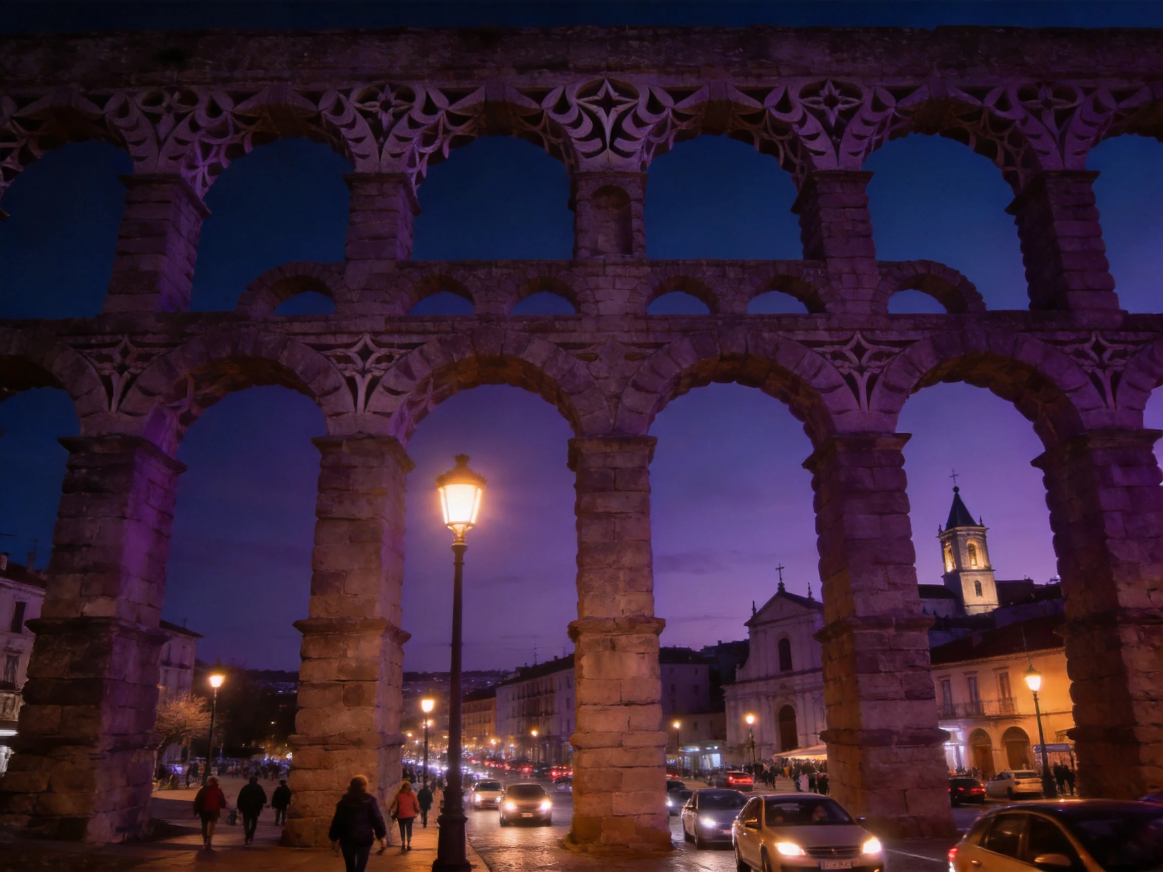 Ancient stone aqueduct arches lit in deep purple twilight