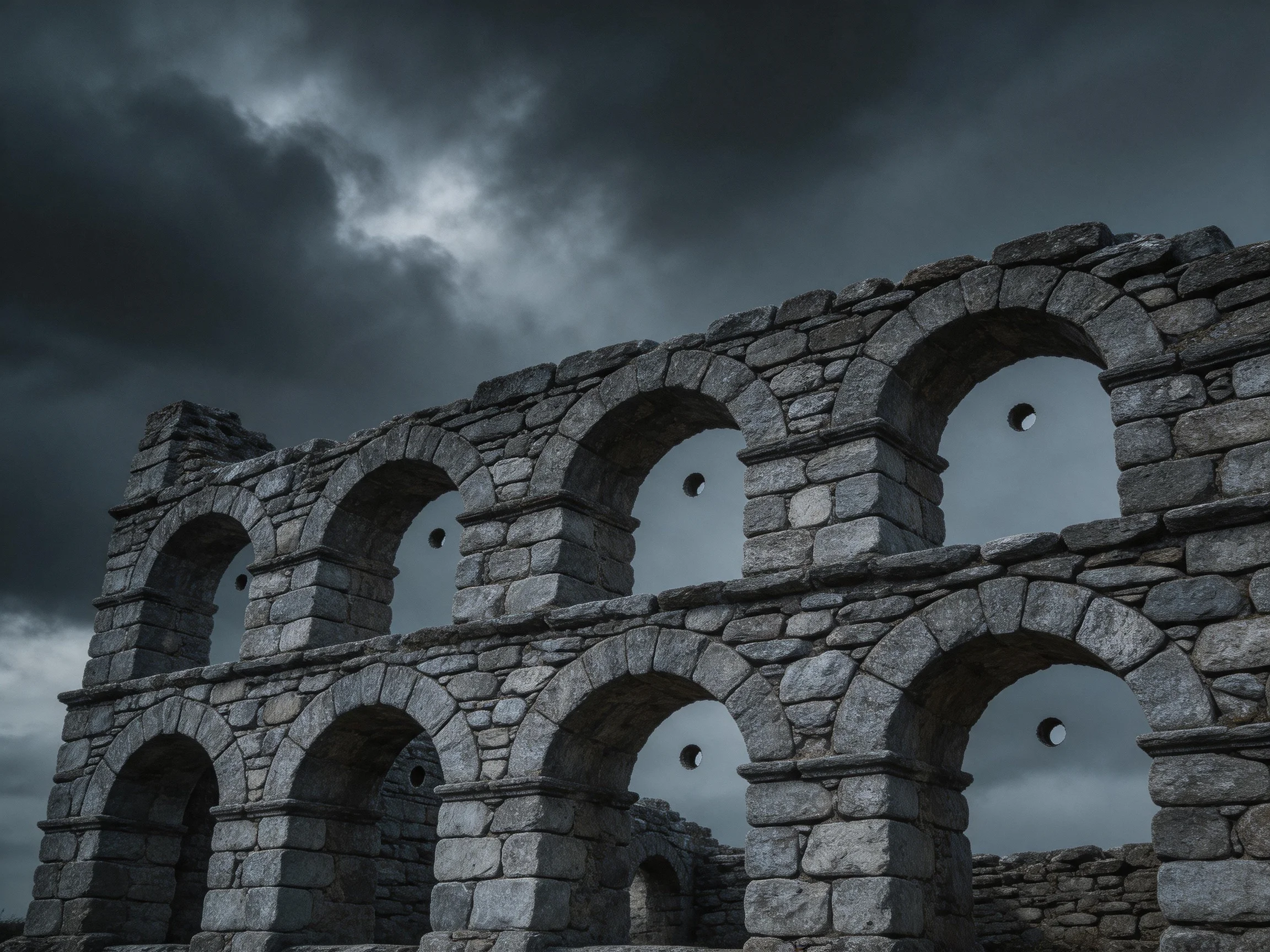 Ancient stone aqueduct ruins under stormy, dark skies