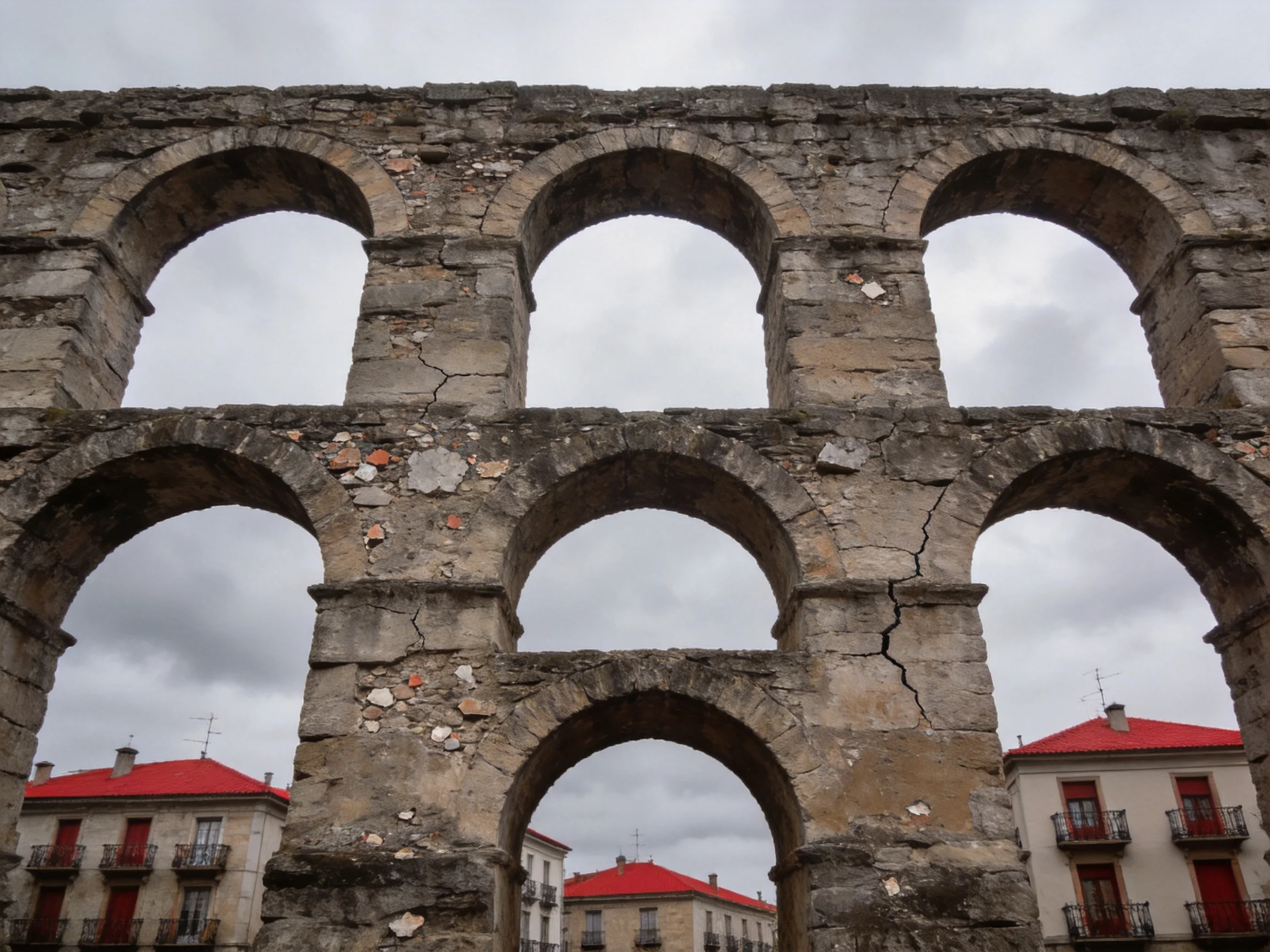 Ancient stone aqueduct with multi-layered arches near red-roofed buildings